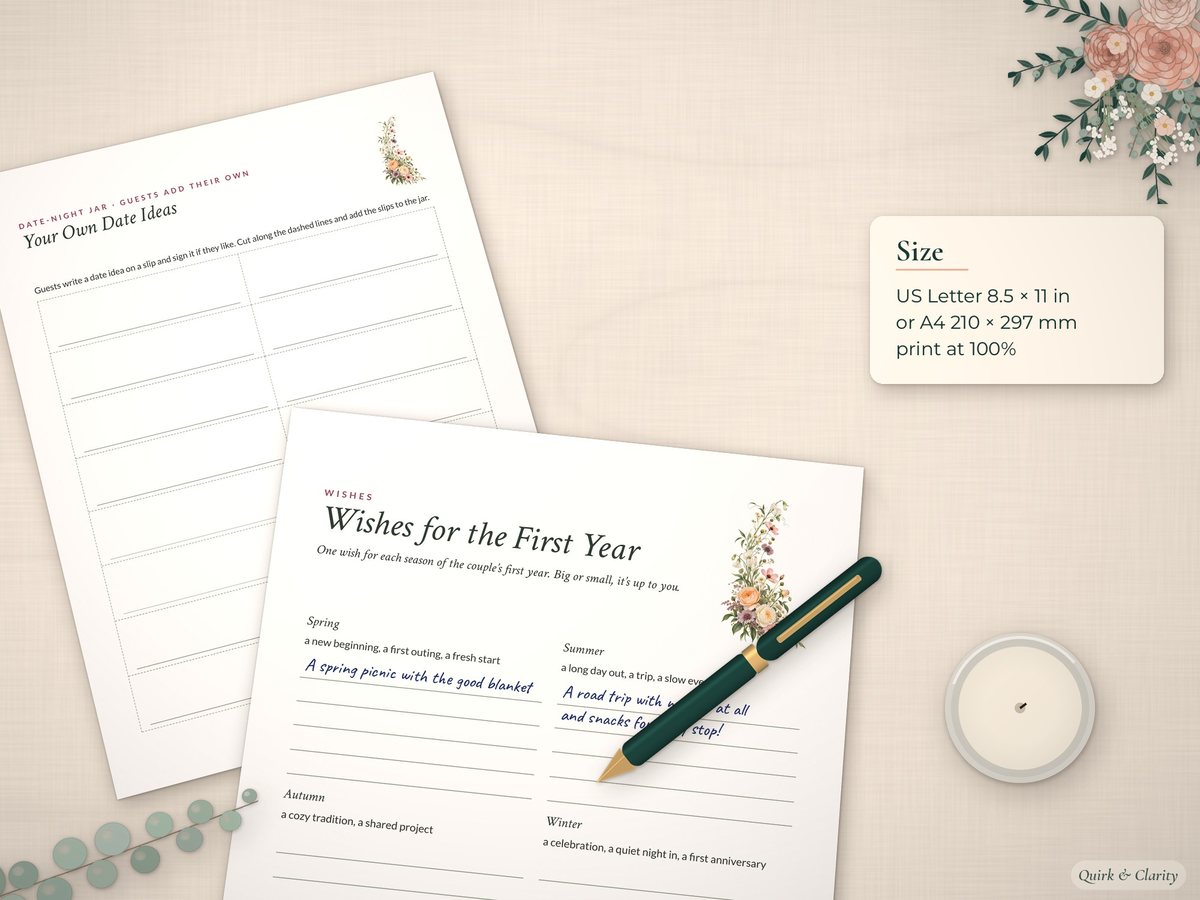 Bridal Shower Advice & Keepsake Cards: shown at real size