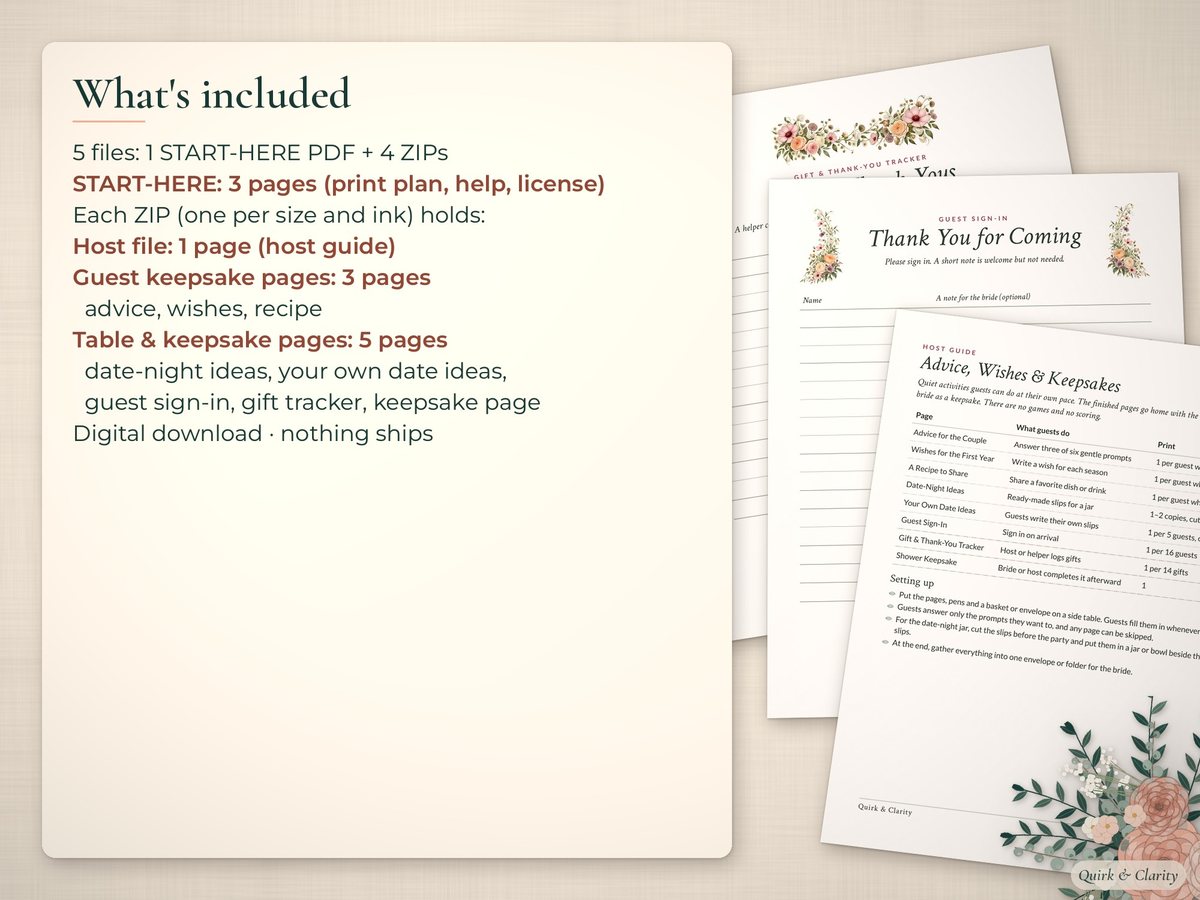 Bridal Shower Advice & Keepsake Cards: what's included