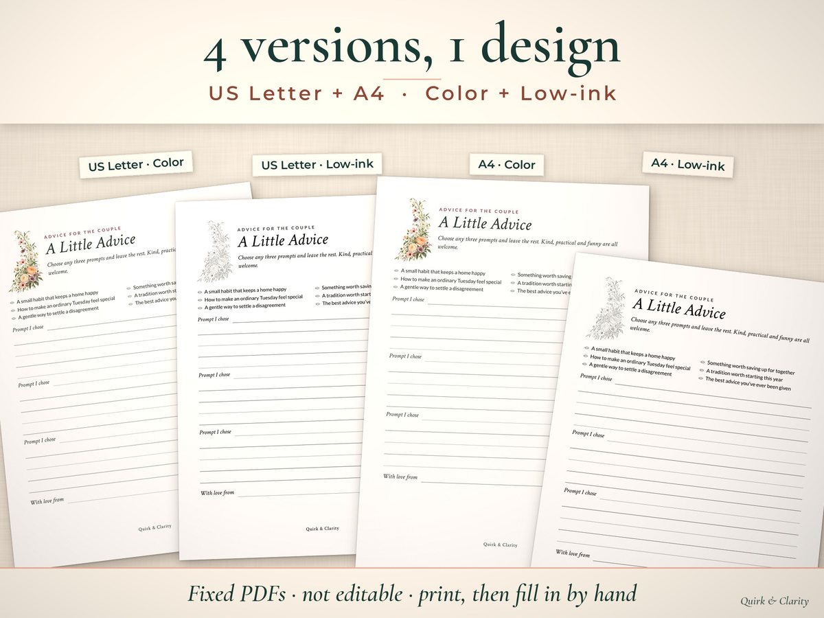 Bridal Shower Advice & Keepsake Cards: letter and a4, color and low-ink
