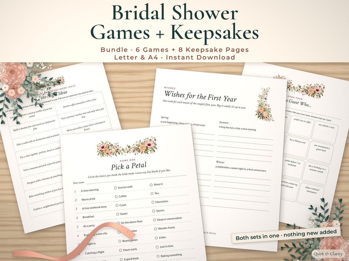 Bridal Shower Games & Keepsakes Bundle: overview