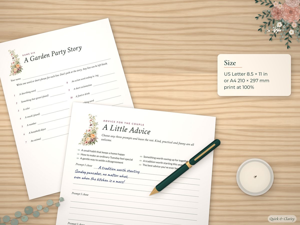 Bridal Shower Games & Keepsakes Bundle: shown at real size