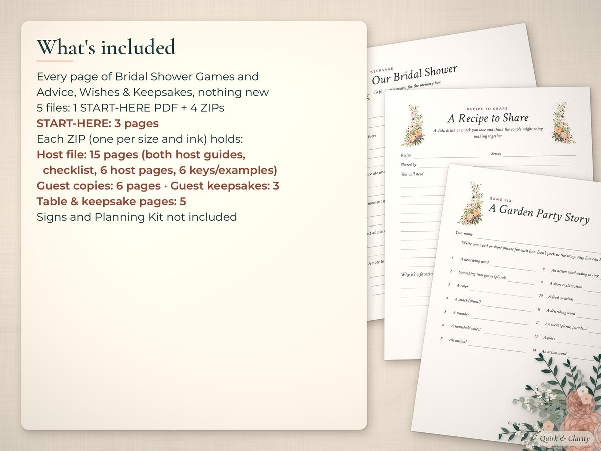 Bridal Shower Games & Keepsakes Bundle: what's included