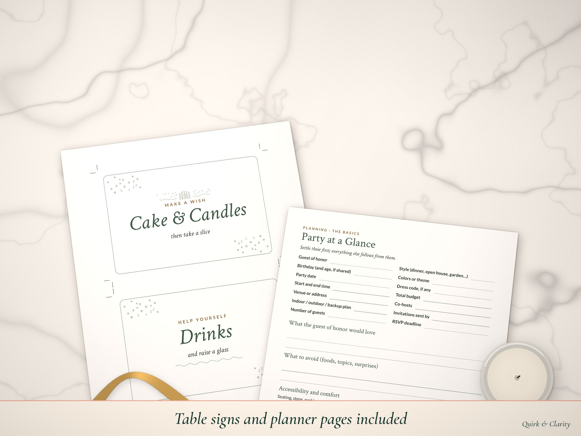 Table signs and Party at a Glance pages