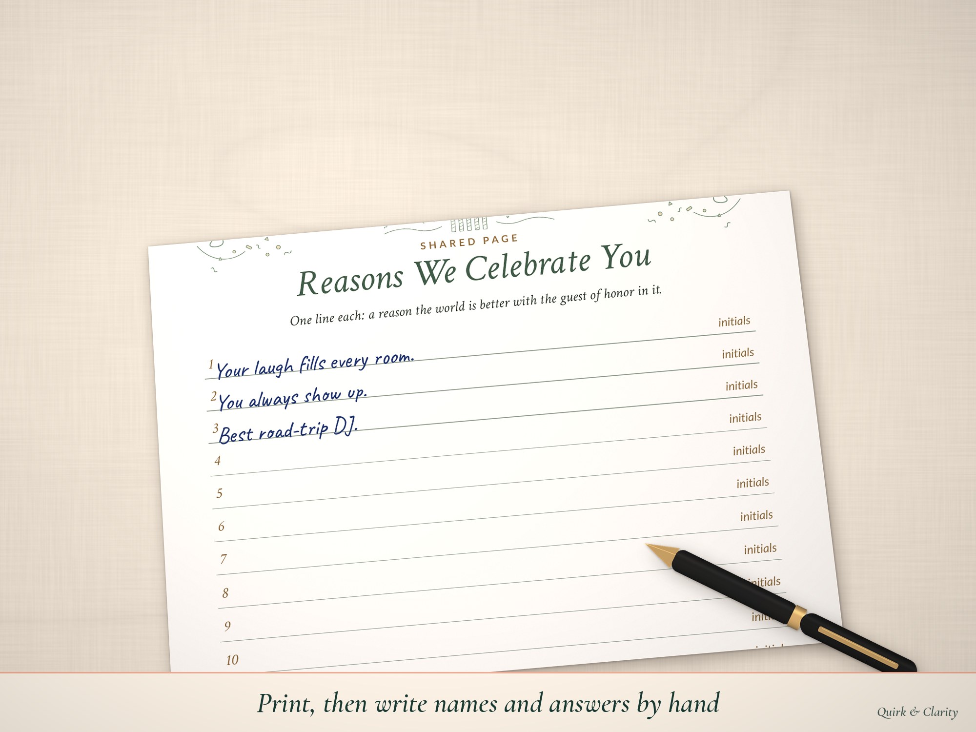 Reasons We Celebrate You page partly handwritten