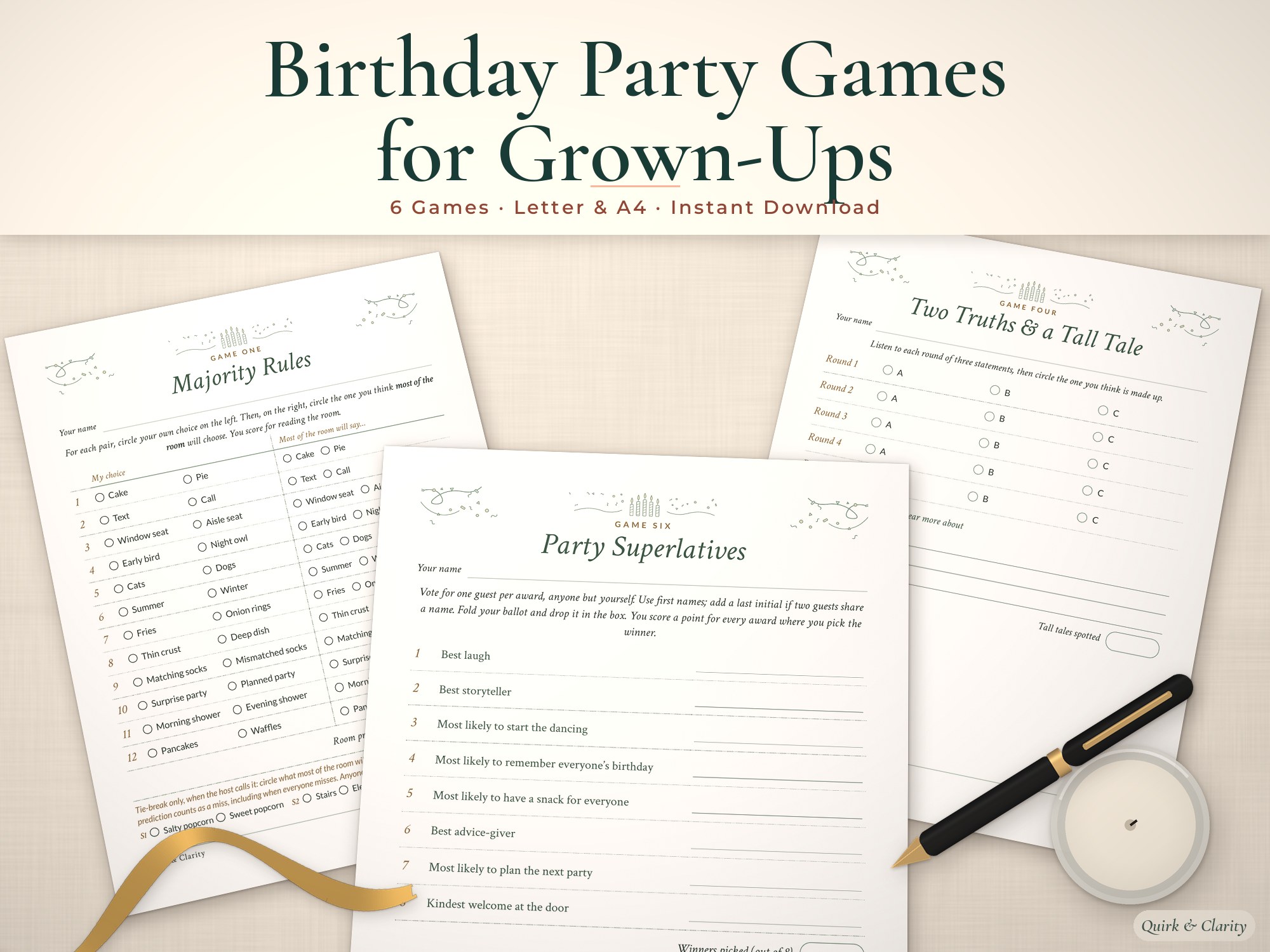 Adult birthday party games printable mockup: Majority Rules, Party Superlatives and Two Truths pages on linen with a candle