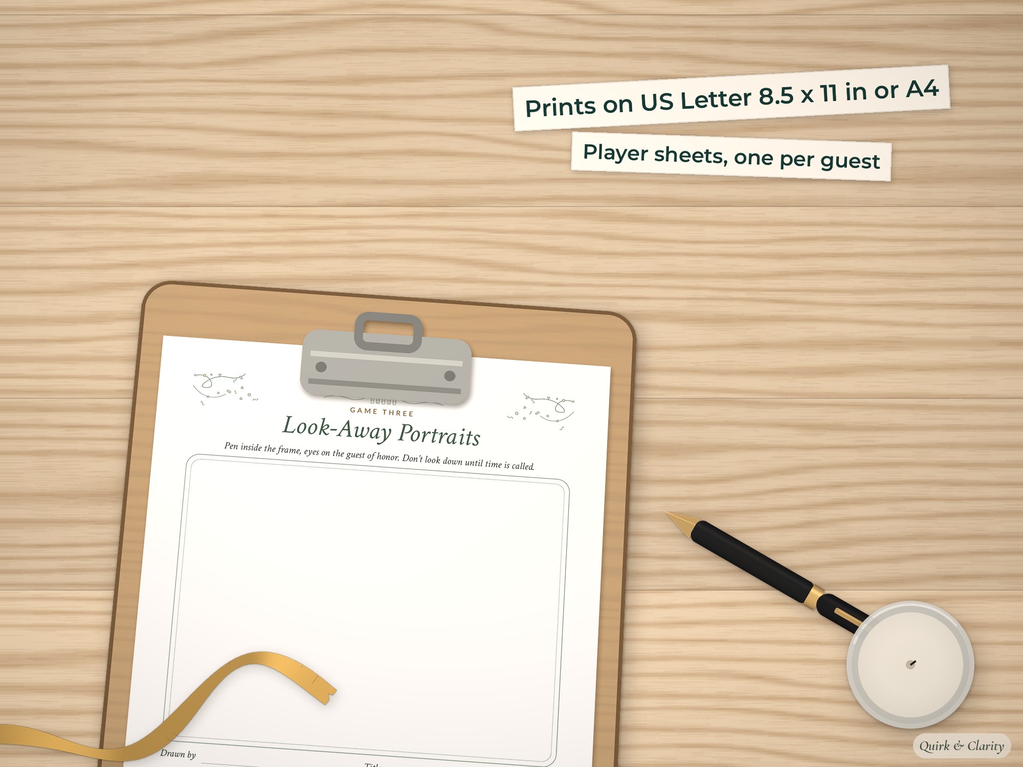 Look-Away Portraits player sheet on a clipboard at true size