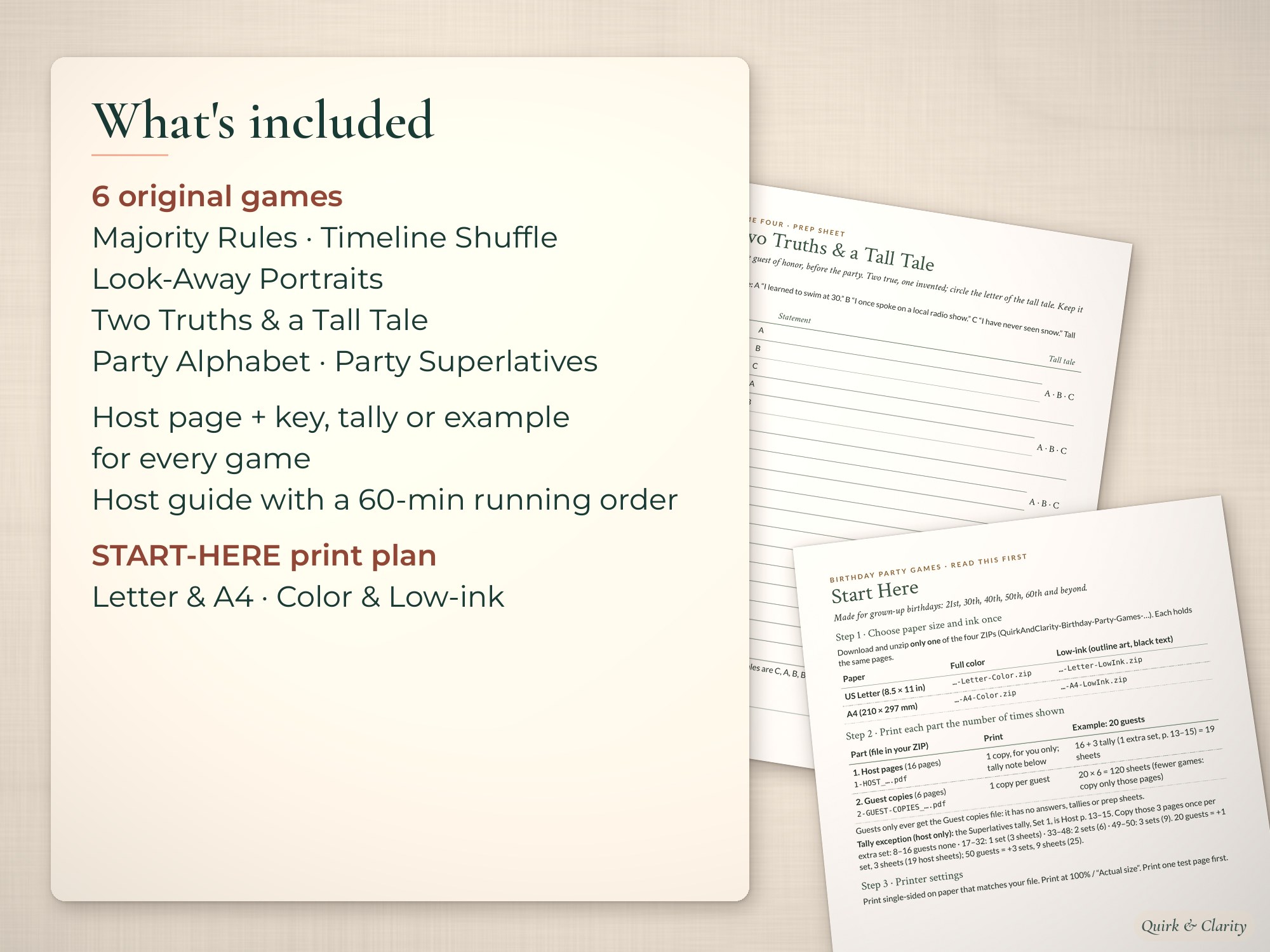 List of 6 birthday party games beside angled game pages