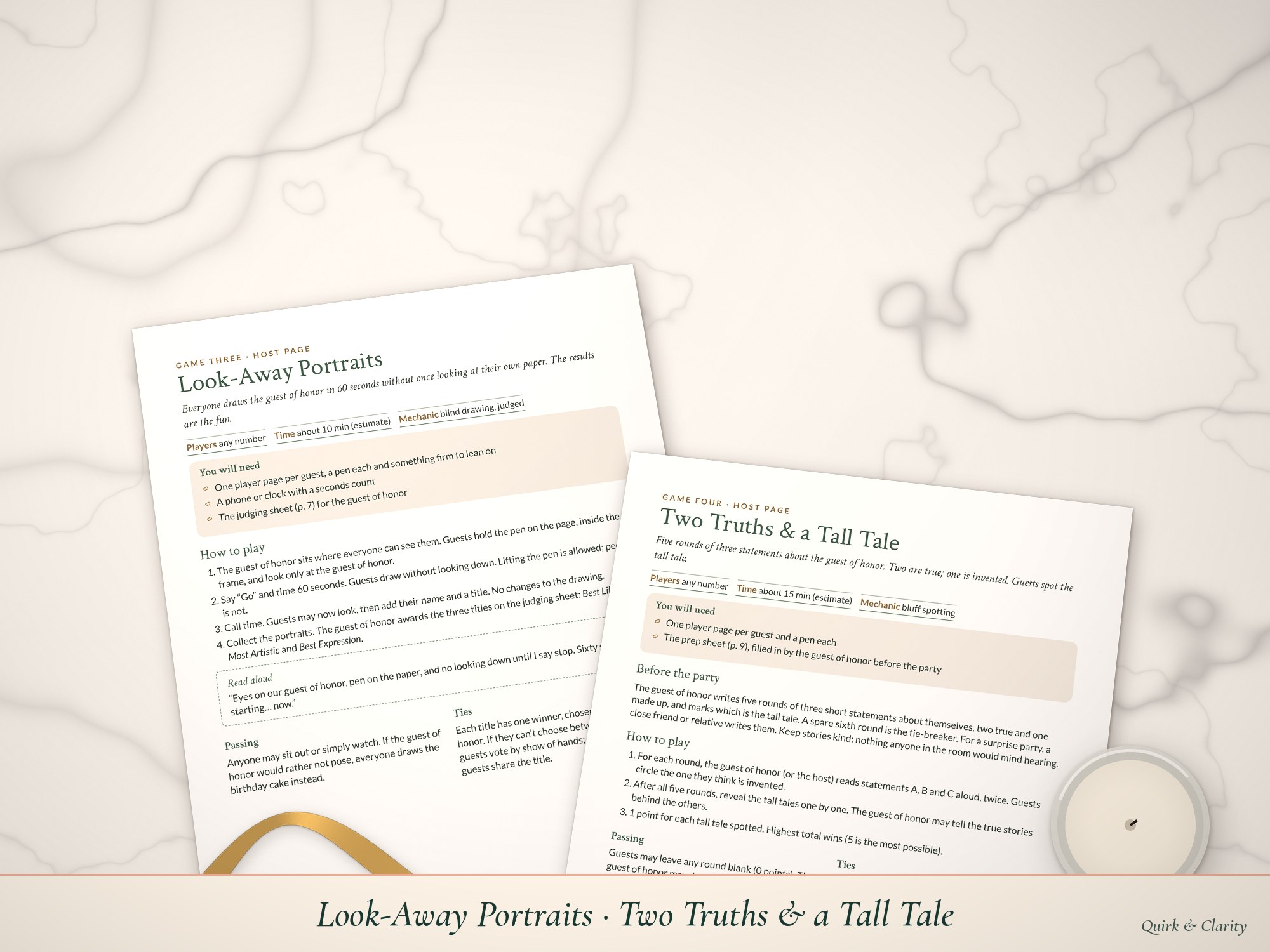 Look-Away Portraits and Two Truths & a Tall Tale pages
