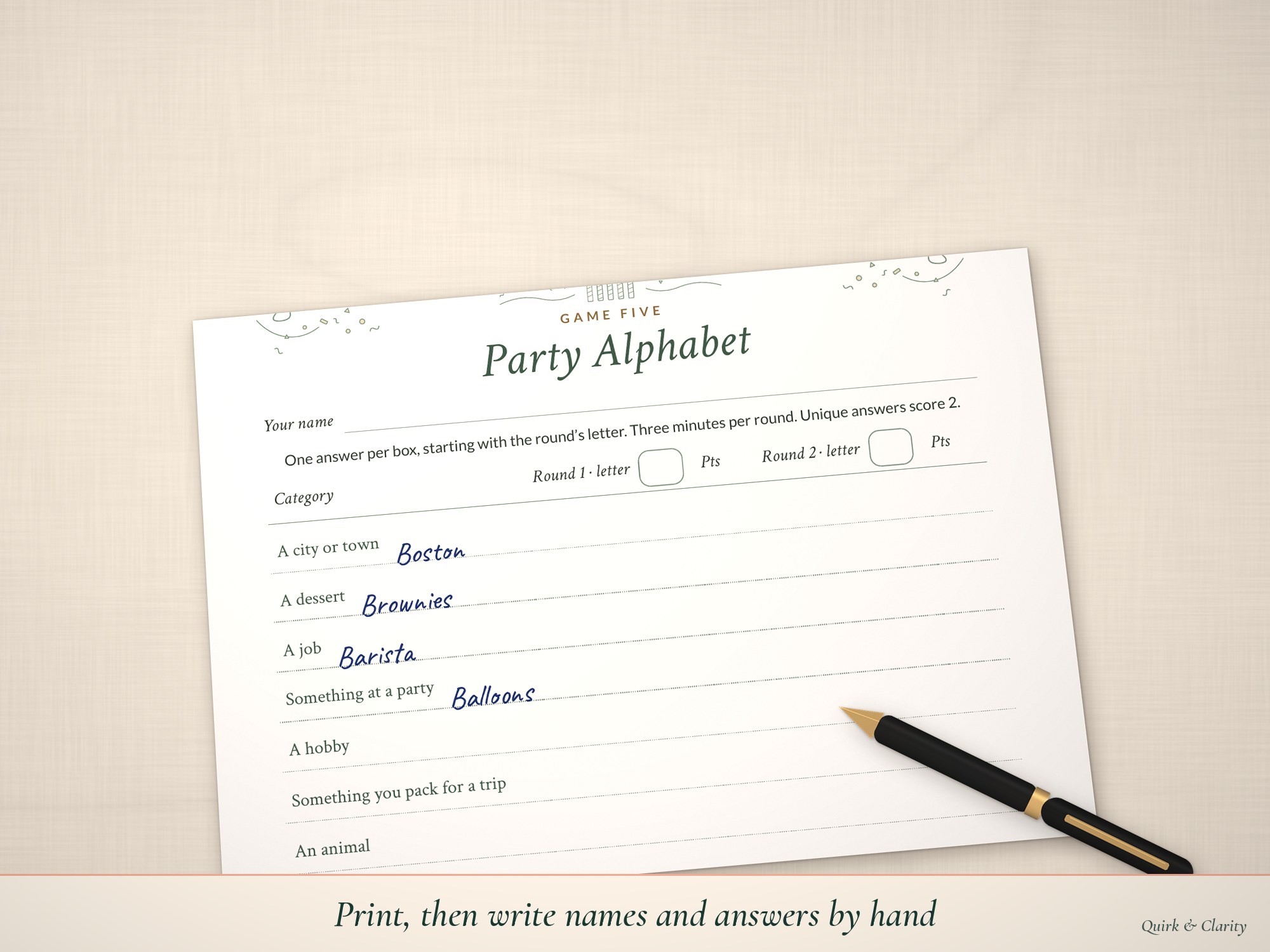Party Alphabet page partly filled in by hand