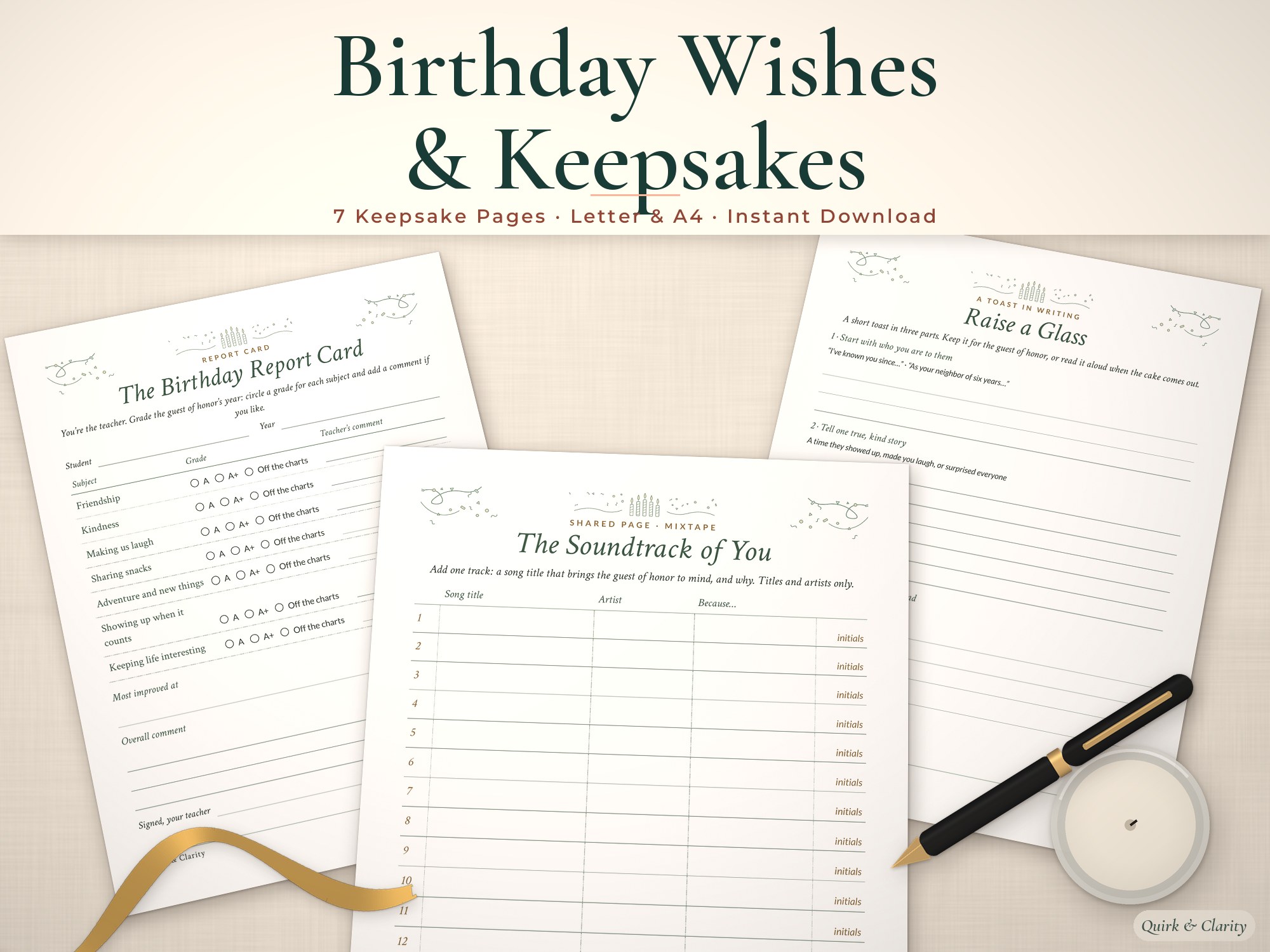 Birthday keepsake printables mockup: Report Card, Soundtrack of You and Raise a Glass pages on linen