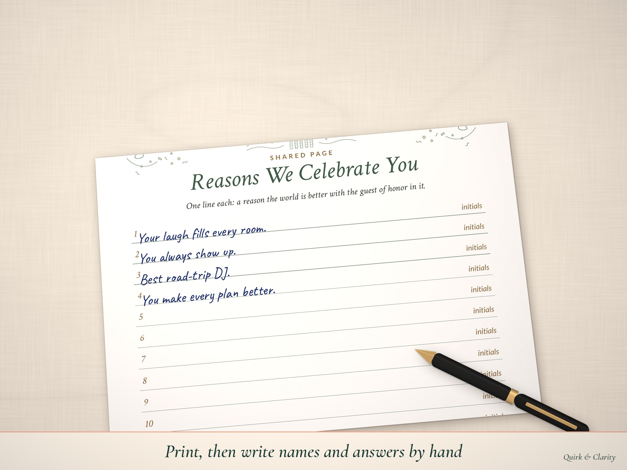 Reasons We Celebrate You page partly handwritten