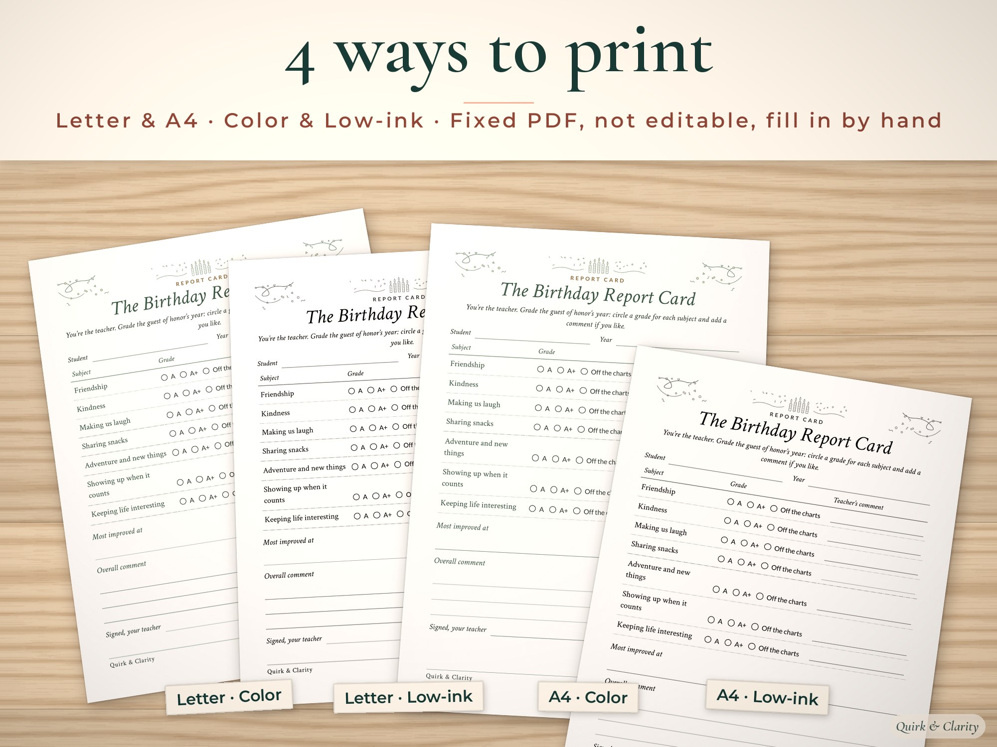 Keepsake page in Letter and A4, color and low-ink