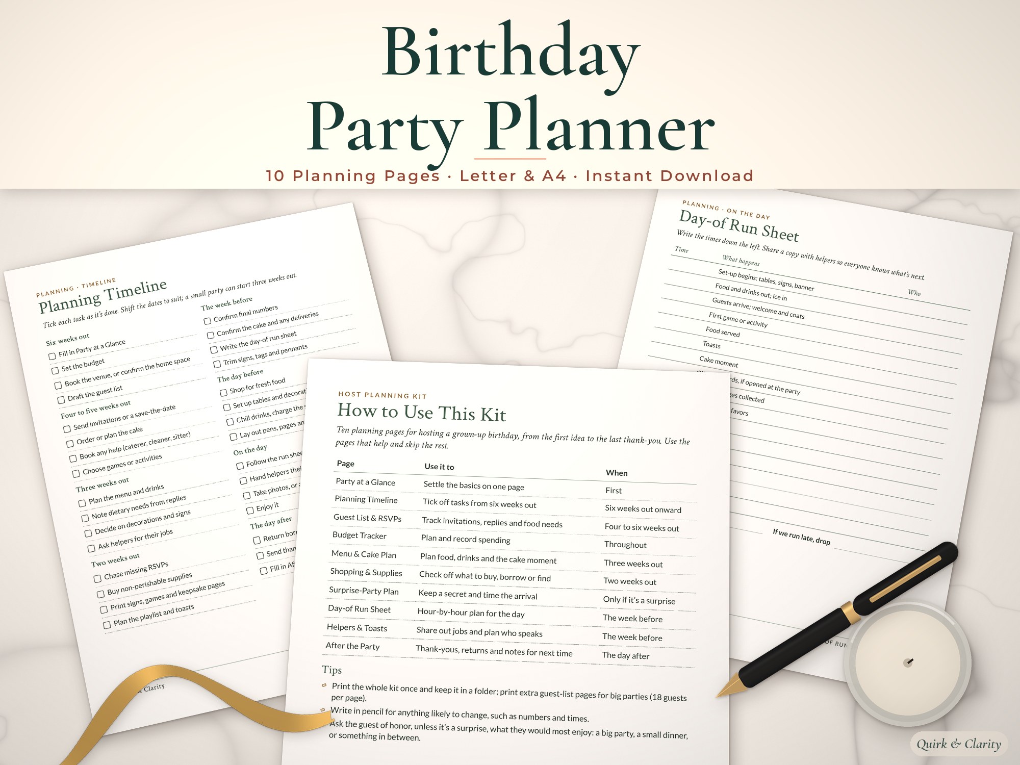 Birthday party planner mockup: Planning Timeline, How to Use This Kit, Day-of Run Sheet pages fanned on a styled tabletop
