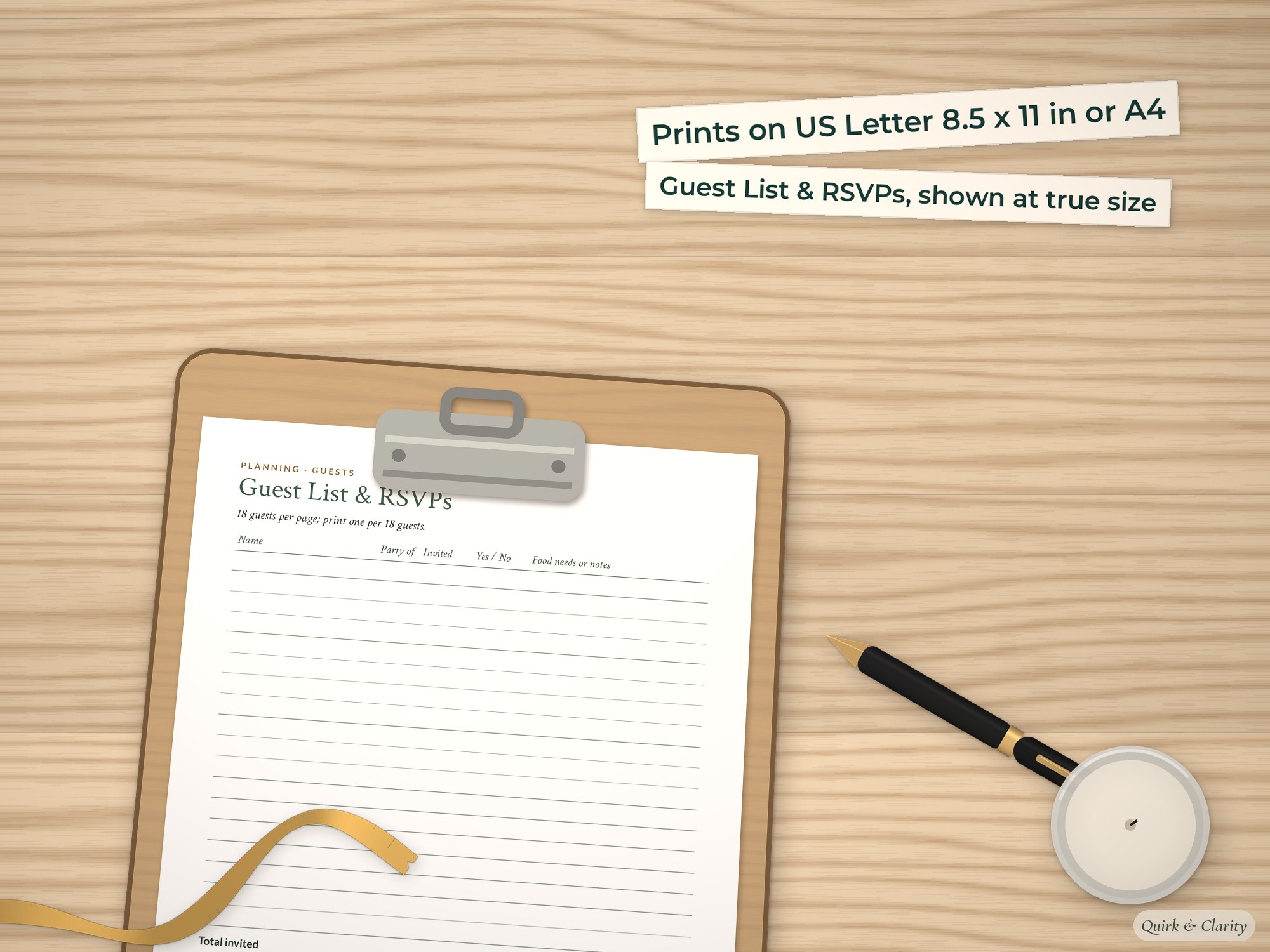 Guest List & RSVPs page on a clipboard at true size