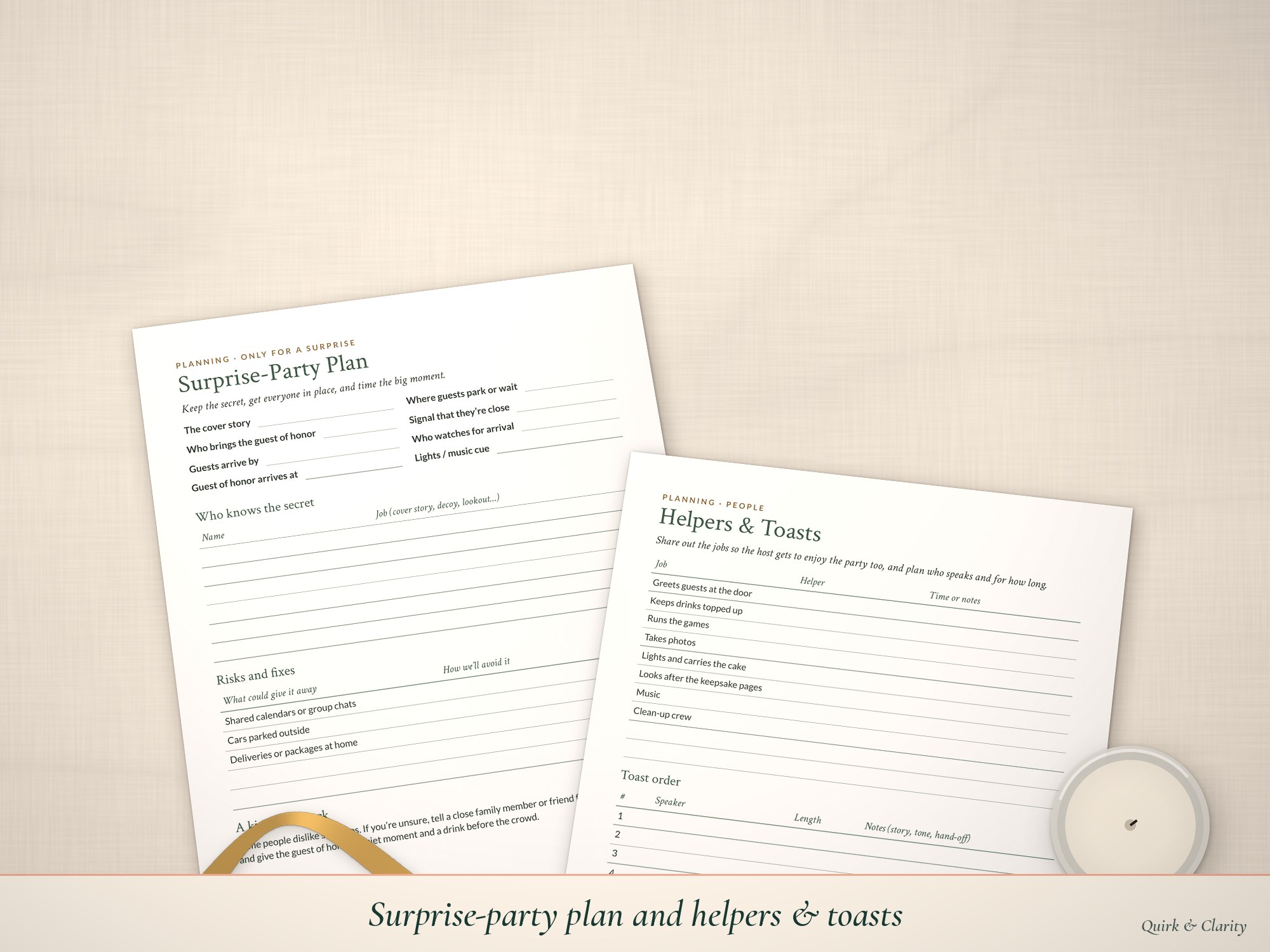 Surprise-party plan and helpers & toasts pages