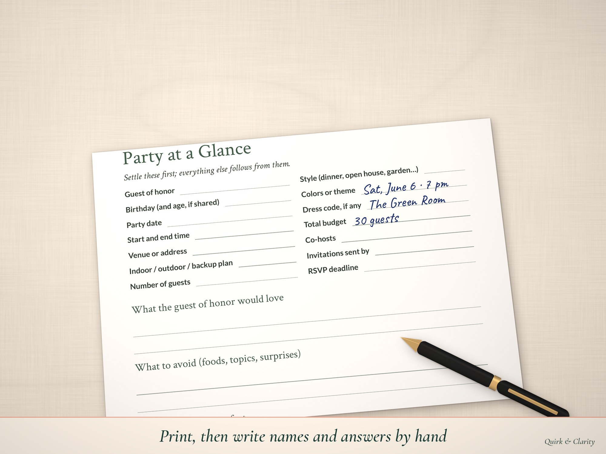 Party at a Glance page partly filled in by hand