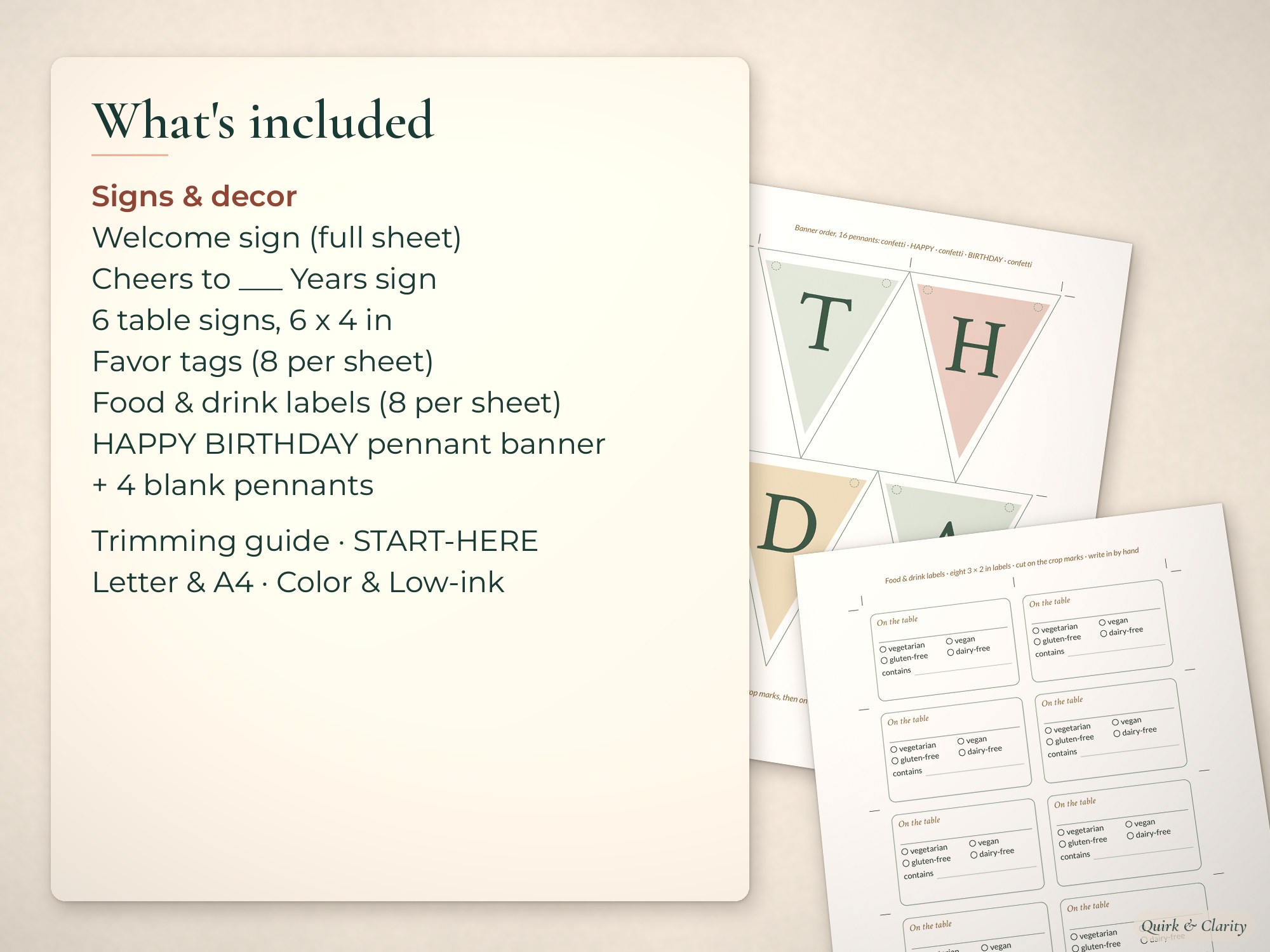 List of birthday signs and decor beside a banner pennant sheet and a food and drink labels sheet