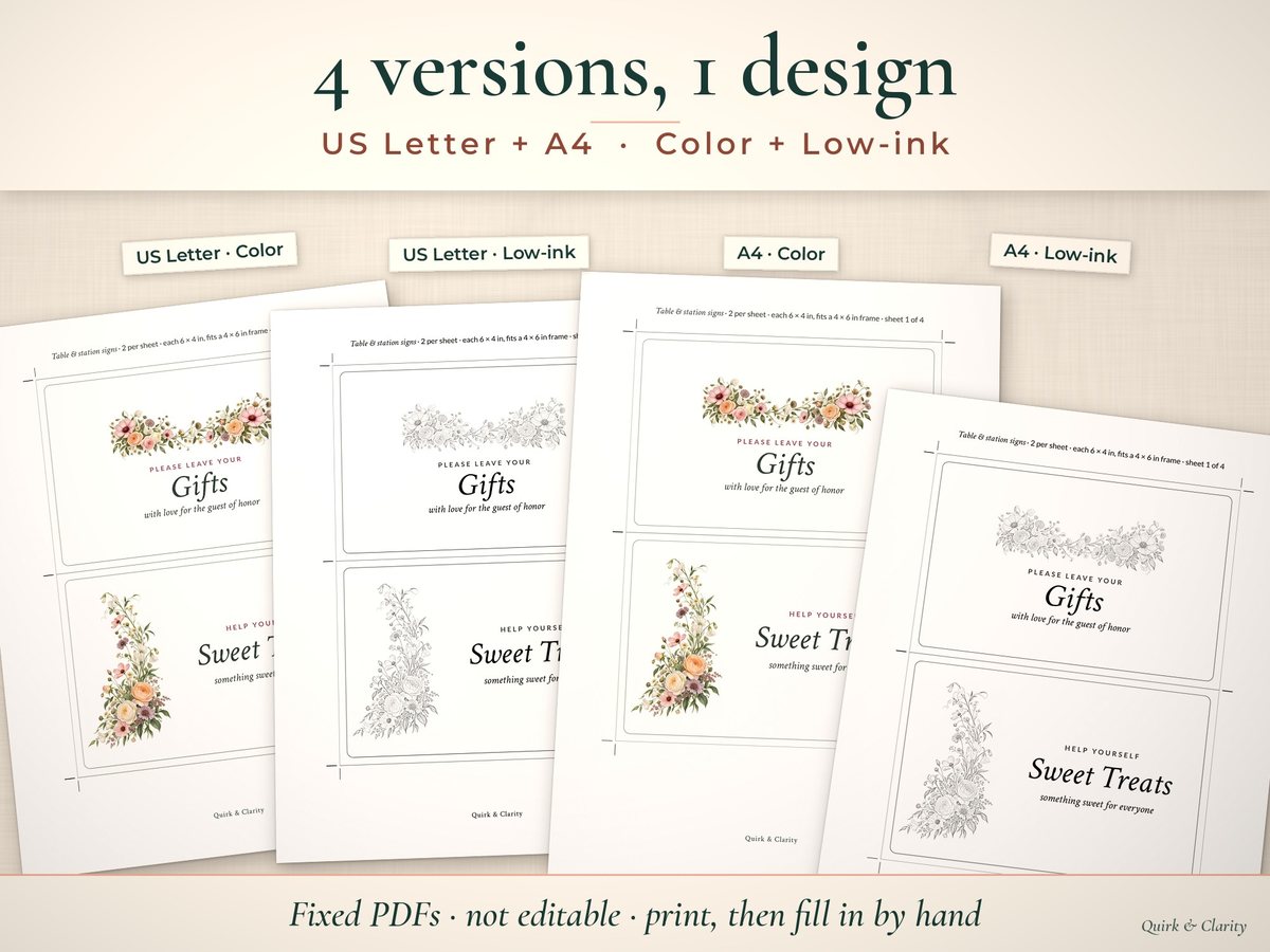 Bridal Shower Welcome & Table Signs: letter and a4, color and low-ink