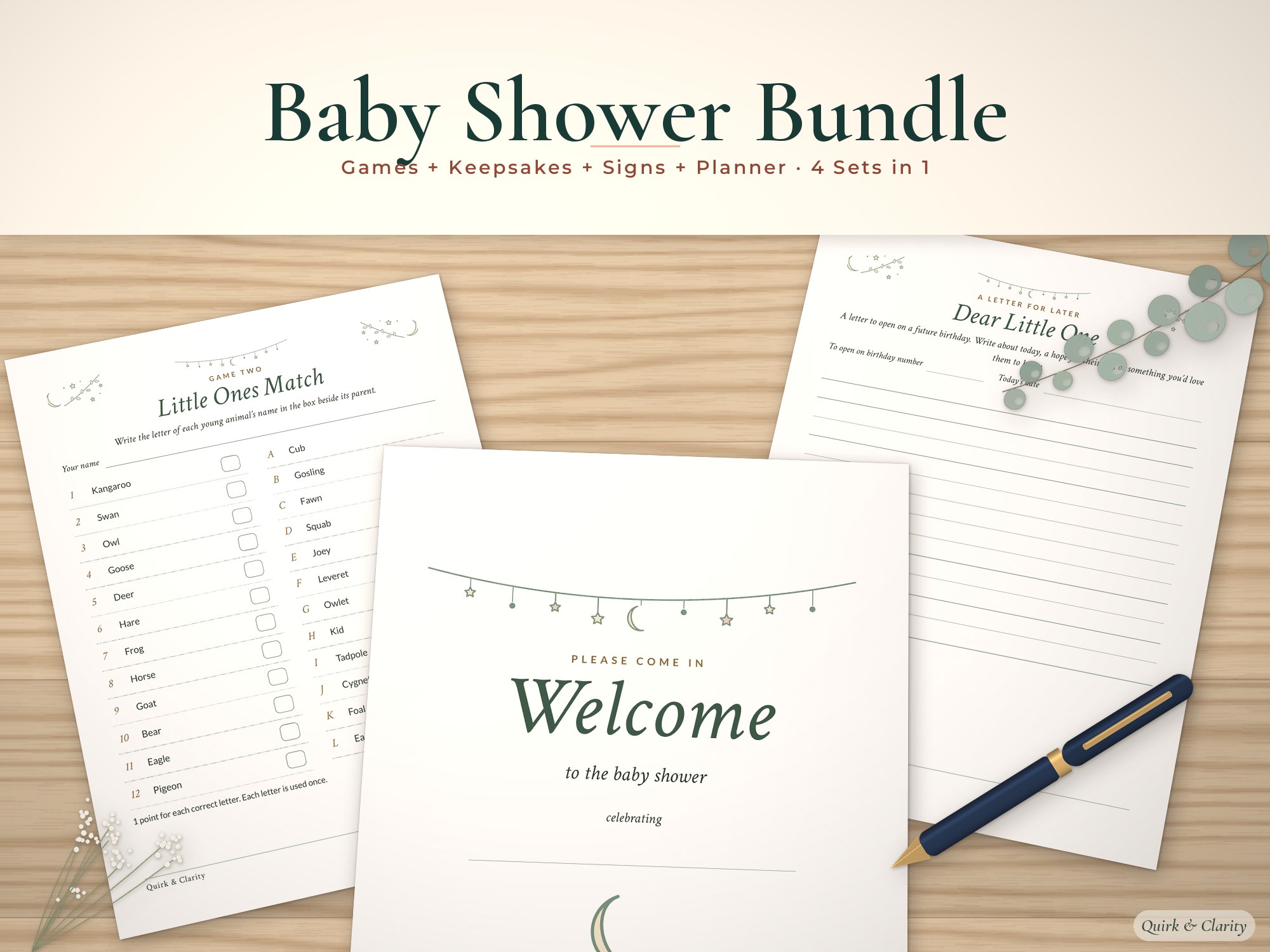 Baby shower bundle mockup: a game page, welcome sign and keepsake letter fanned on wood