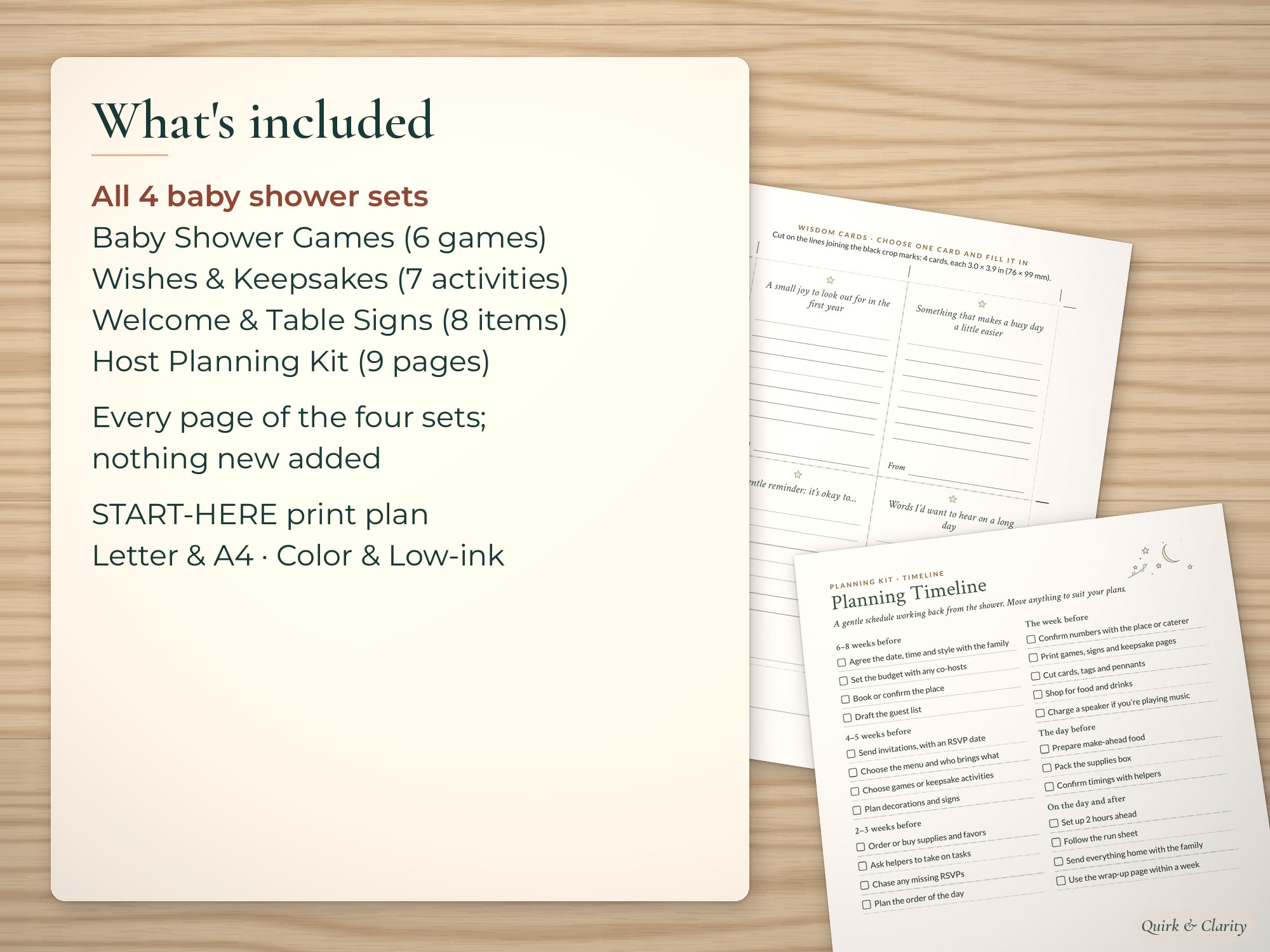 List of the 4 baby shower sets in the bundle