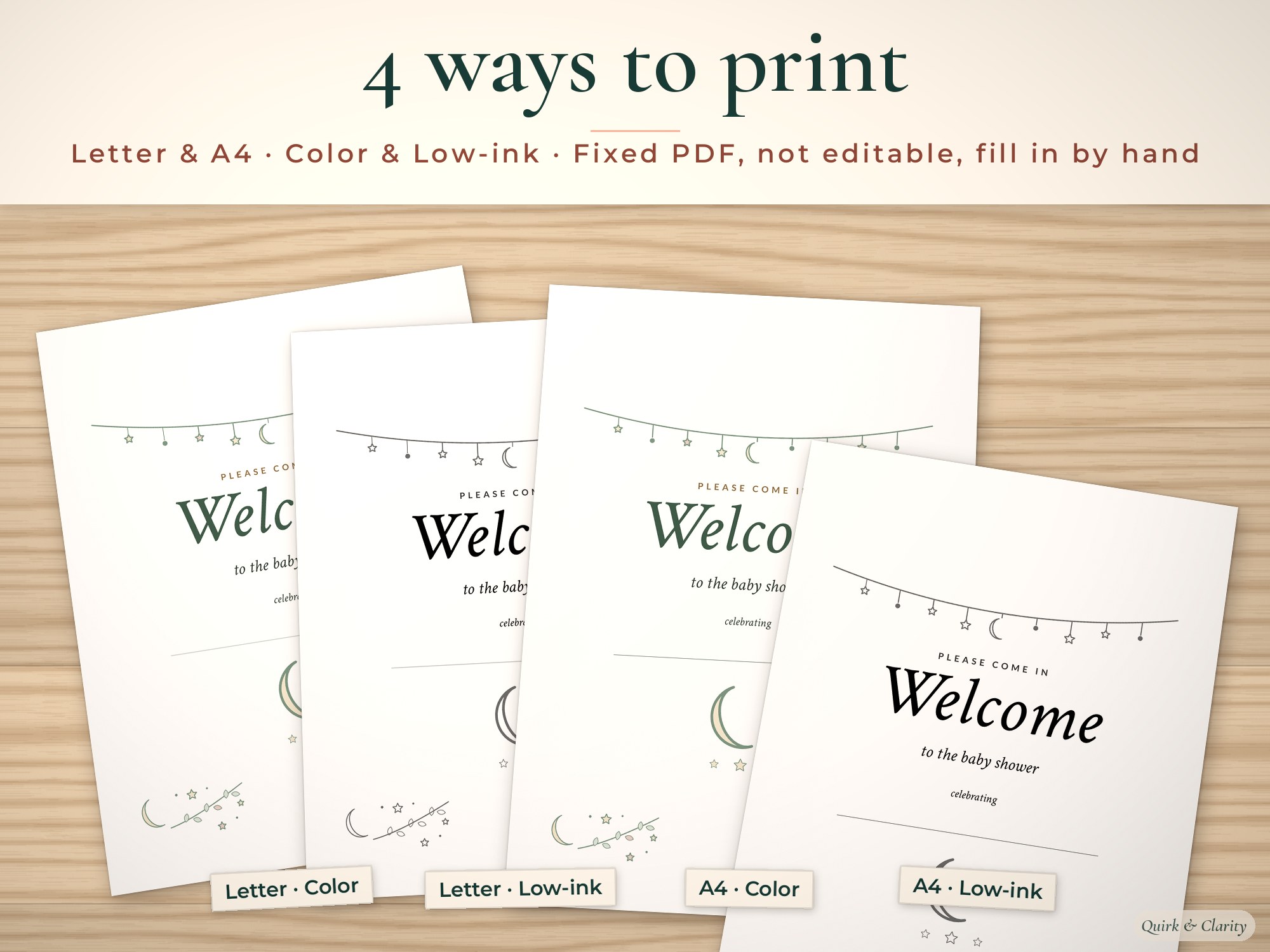 Welcome sign in Letter and A4, color and low-ink