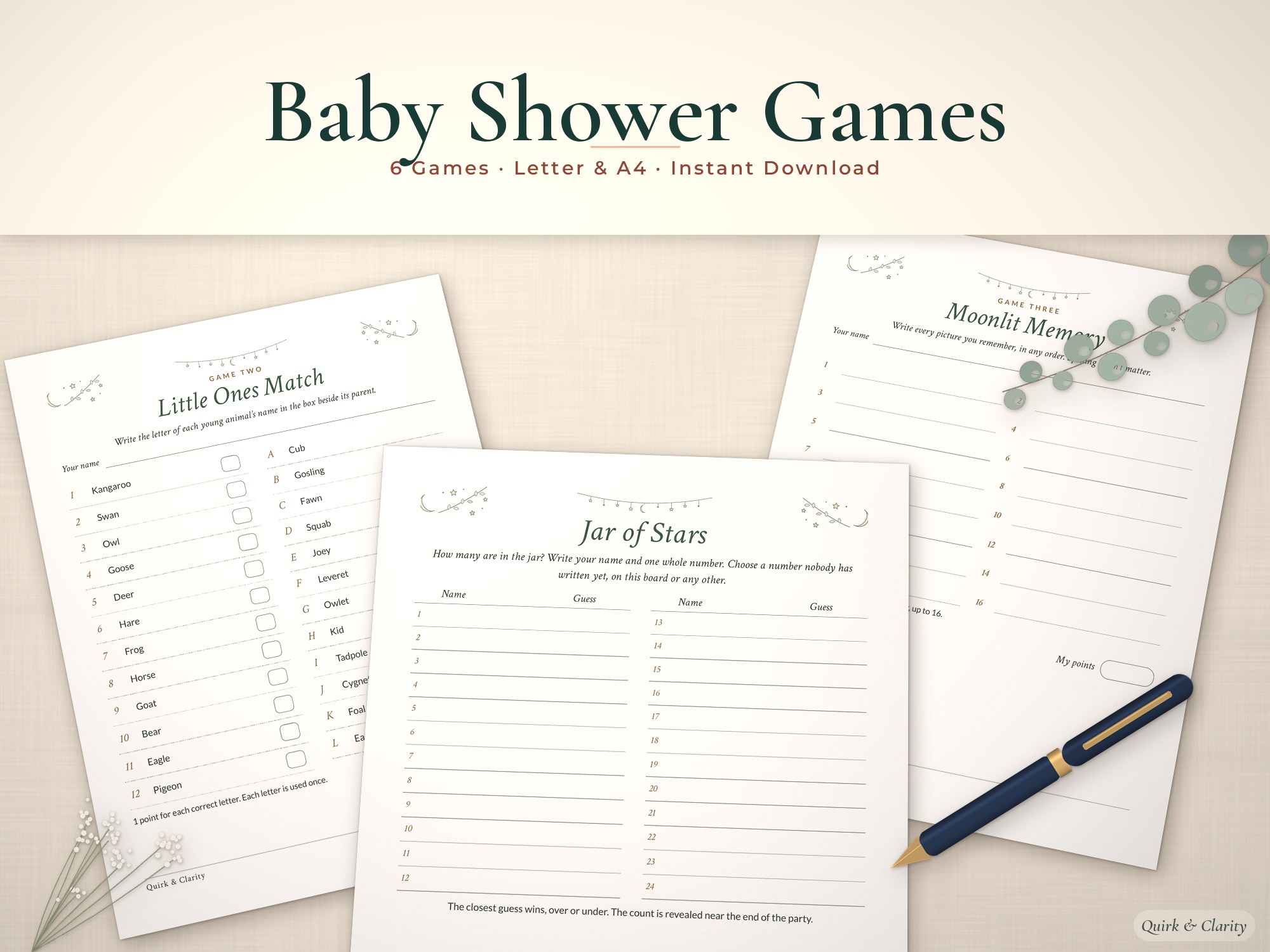 Baby shower games printable mockup: Little Ones Match, Jar of Stars, Moonlit Memory pages fanned on a styled tabletop
