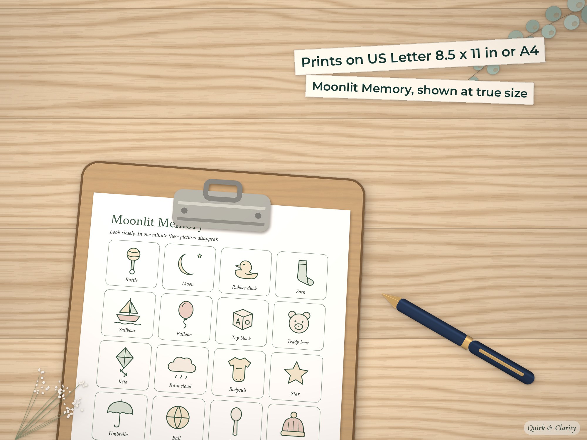 Moonlit Memory page on a clipboard at true size