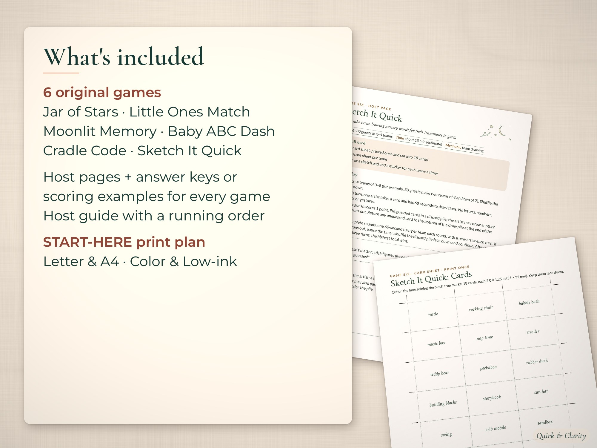 What's included card listing 6 baby shower games beside angled game pages