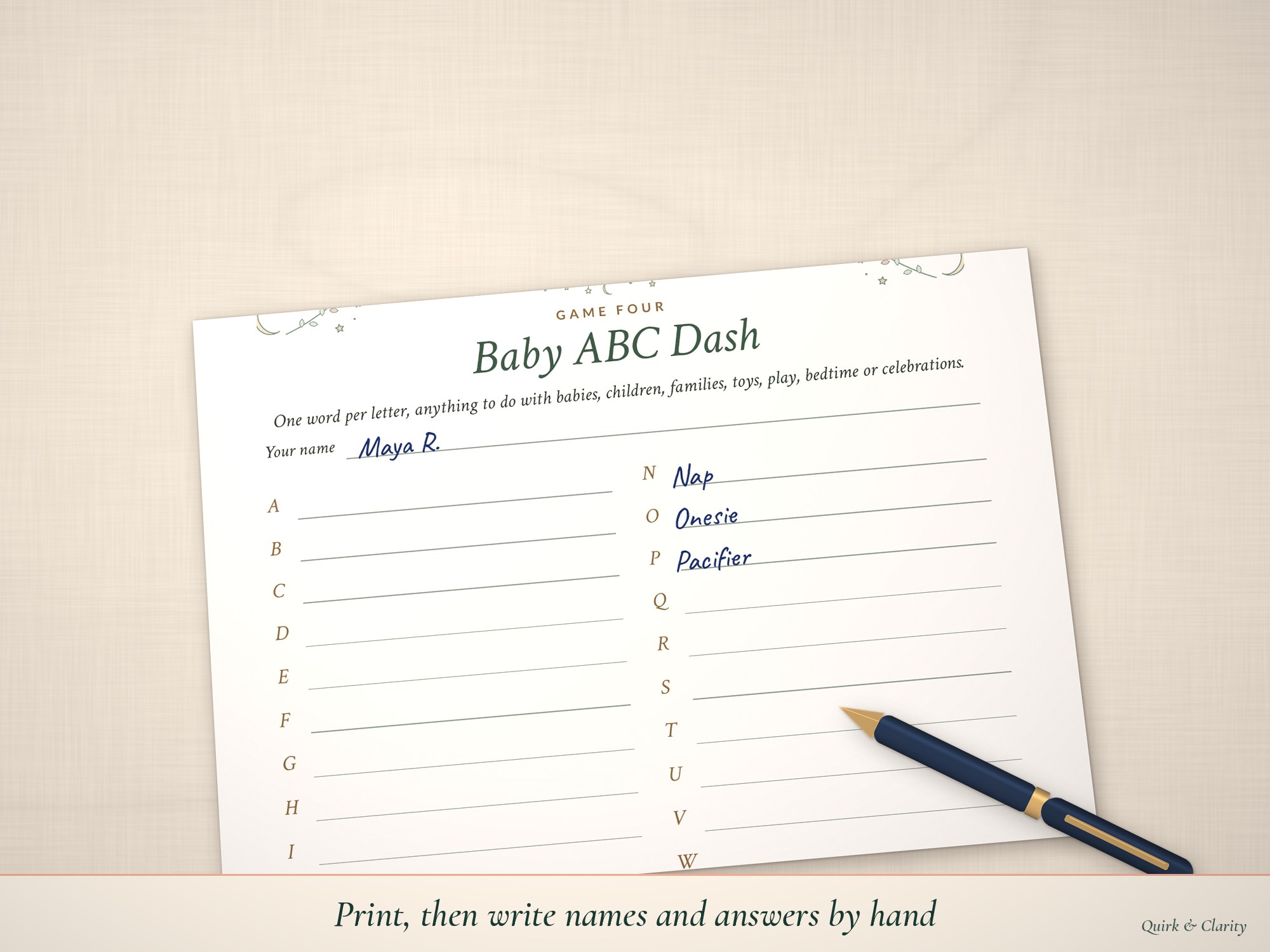 Baby ABC Dash page partly filled in by hand with a pen