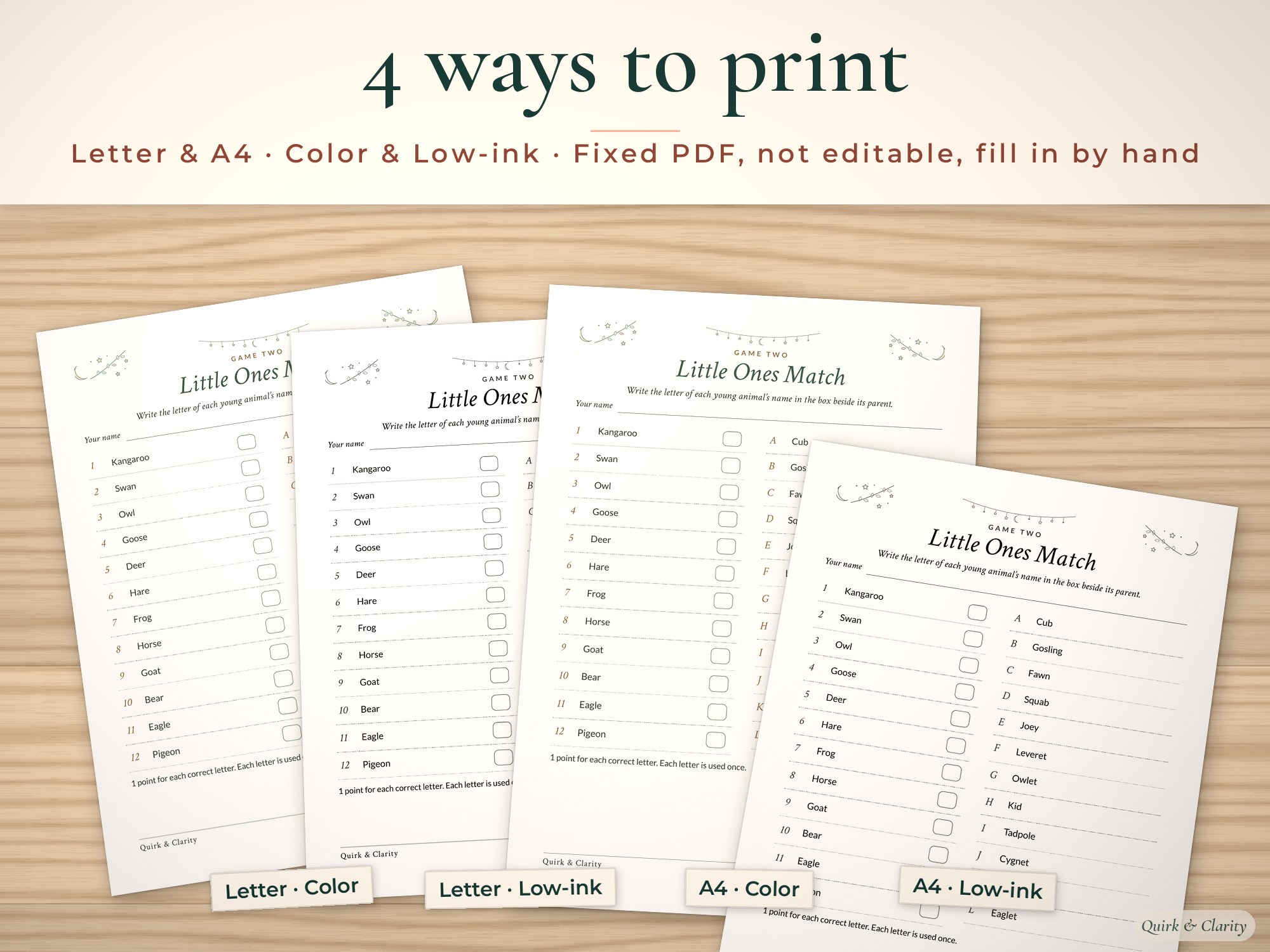 The same game page in Letter color, Letter low-ink, A4 color and A4 low-ink