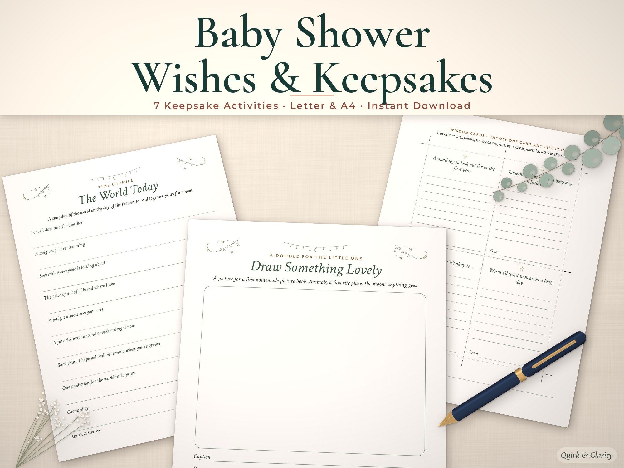 Baby shower keepsake printables mockup: The World Today, Draw Something Lovely, A small joy to look out for in the pages fanned on a styled tabletop