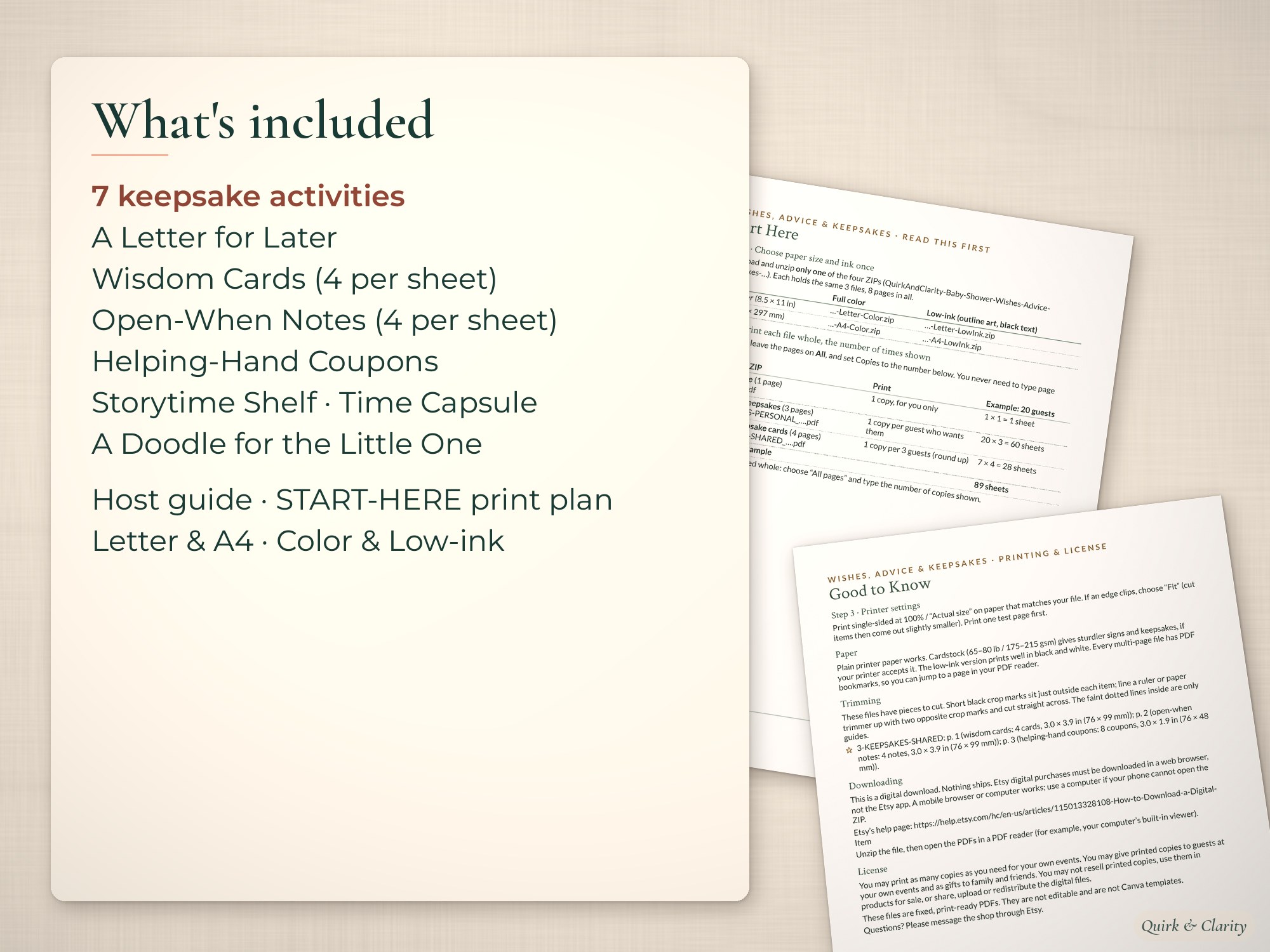 List of 7 baby shower keepsake activities beside angled pages