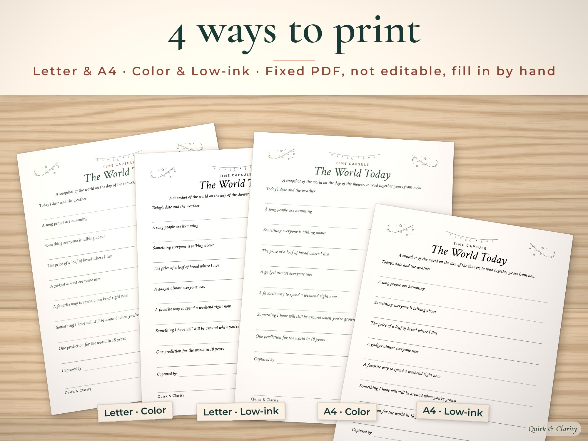 Keepsake page shown in Letter and A4, color and low-ink