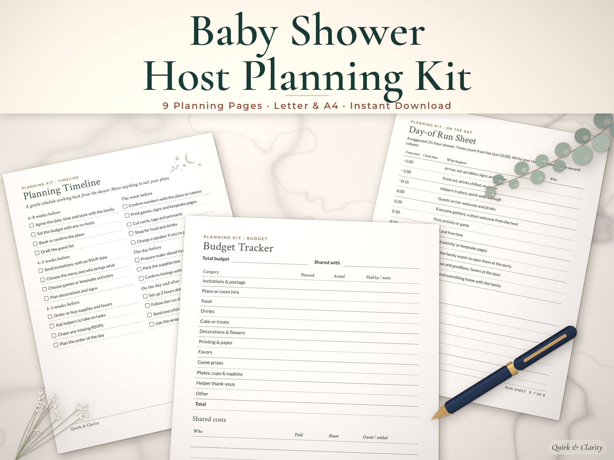 Baby shower host planner mockup: Planning Timeline, Budget Tracker, Day-of Run Sheet pages fanned on a styled tabletop