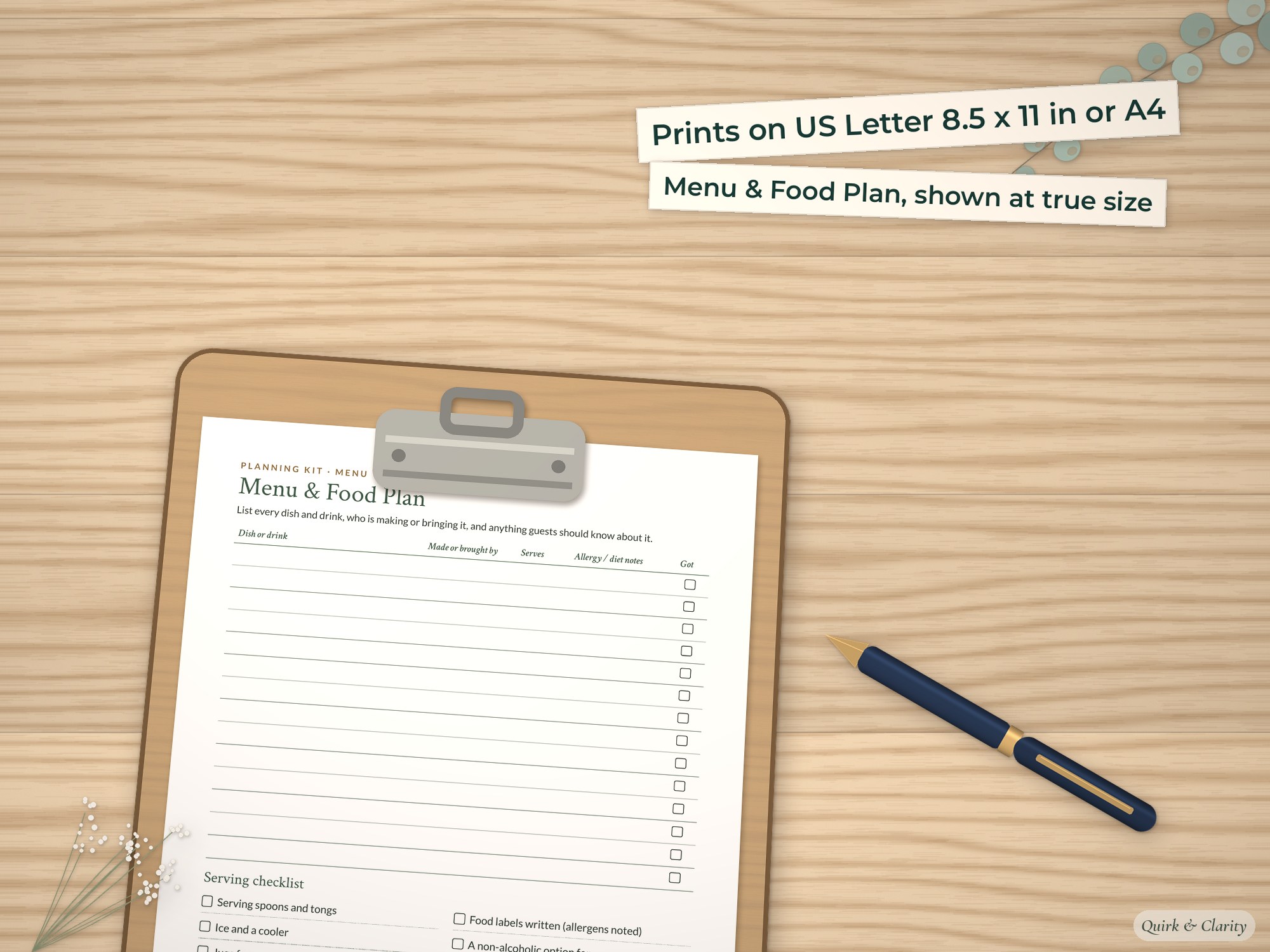Menu & Food Plan page on a clipboard at true size