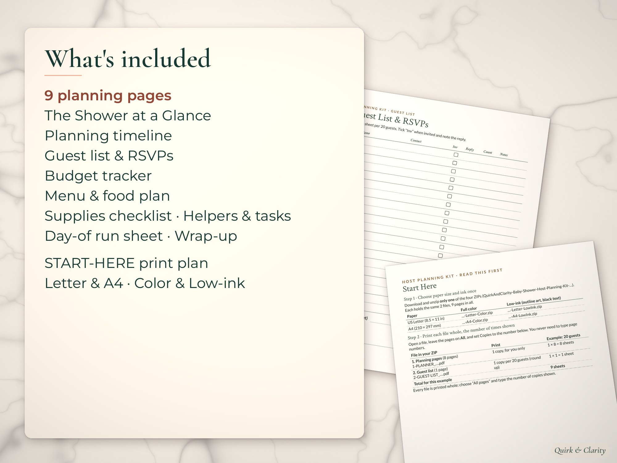 List of 9 baby shower planning pages beside the budget and guest list pages