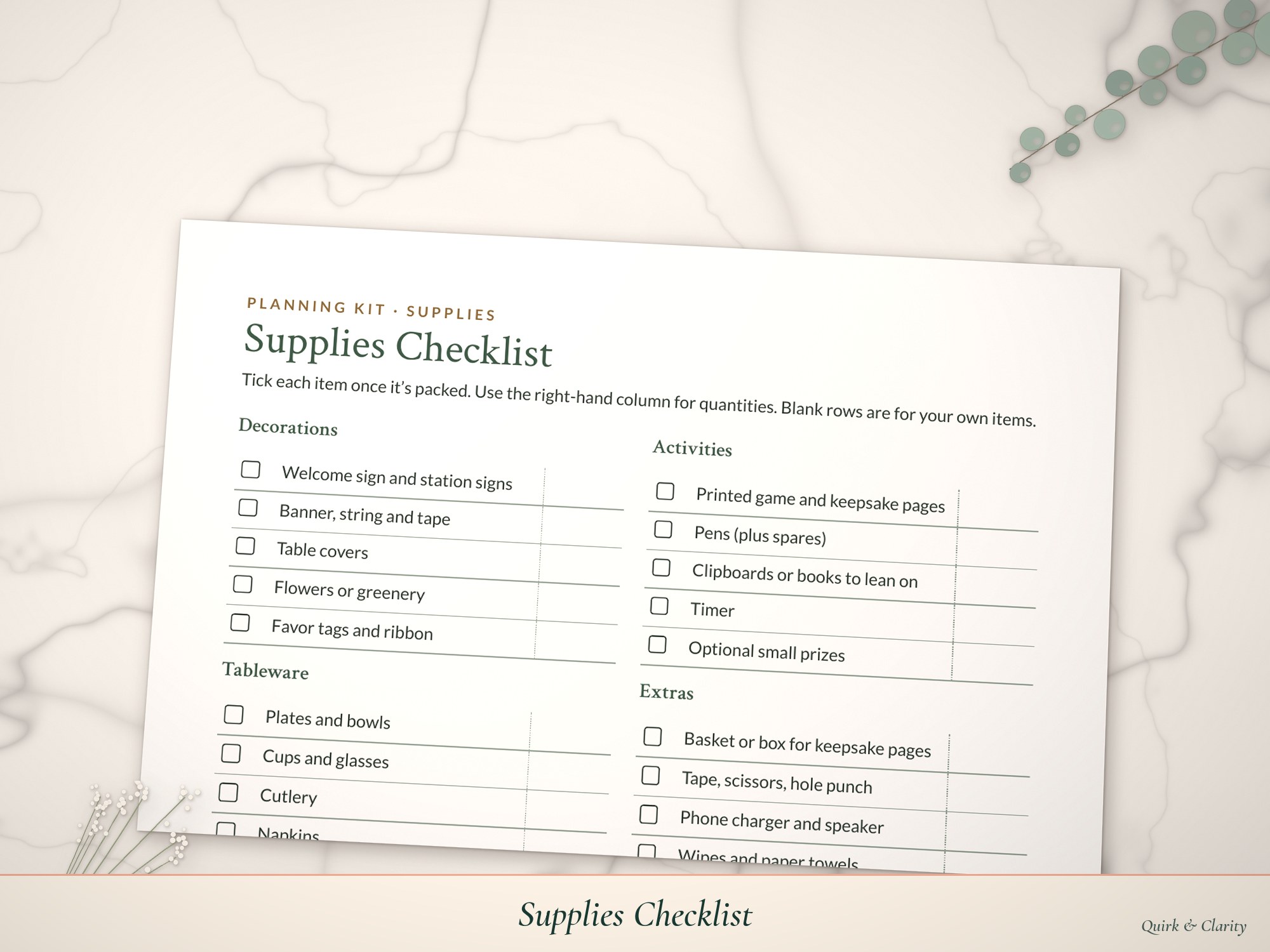 Close-up of the Supplies Checklist page