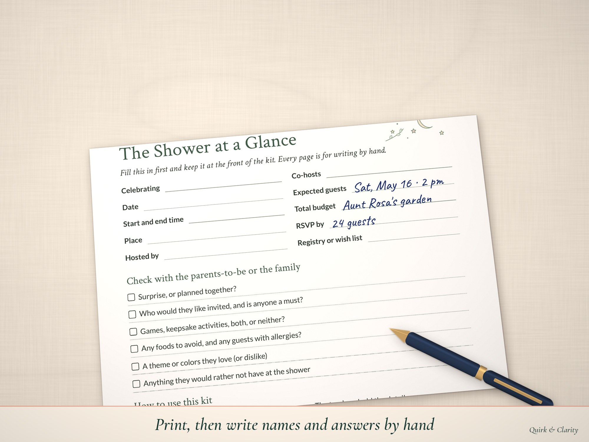 Shower at a Glance page partly filled in by hand