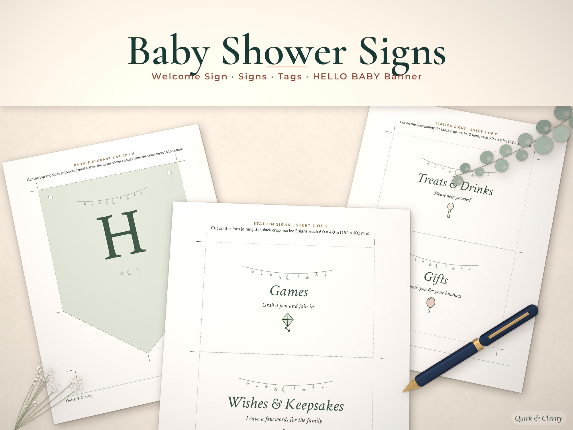 Baby shower decor printables mockup: Banner pennant, Games, Treats & Drinks pages fanned on a styled tabletop