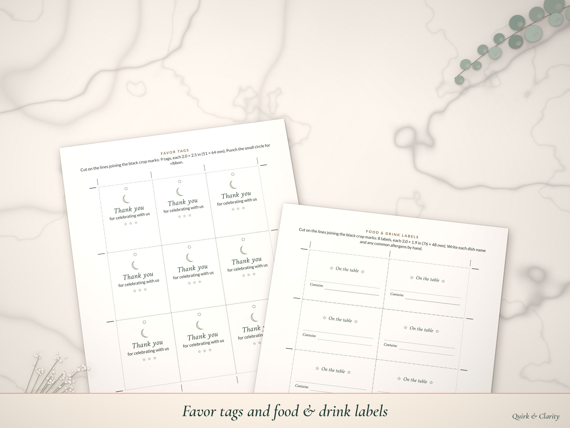 Favor tag sheet and food label sheet angled on marble