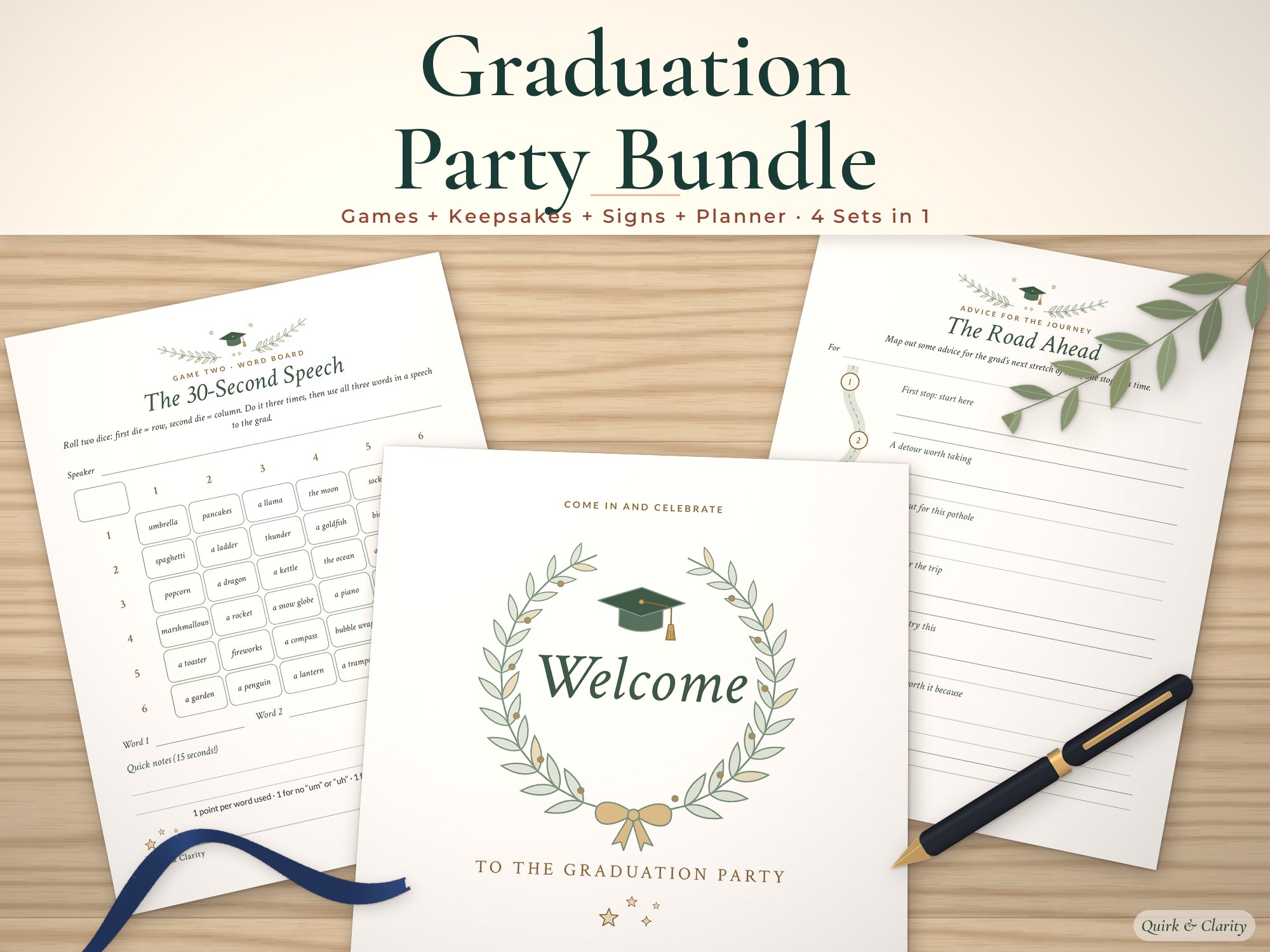 Graduation bundle mockup: The 30-Second Speech, Class of Welcome, The Road Ahead pages fanned on a styled tabletop