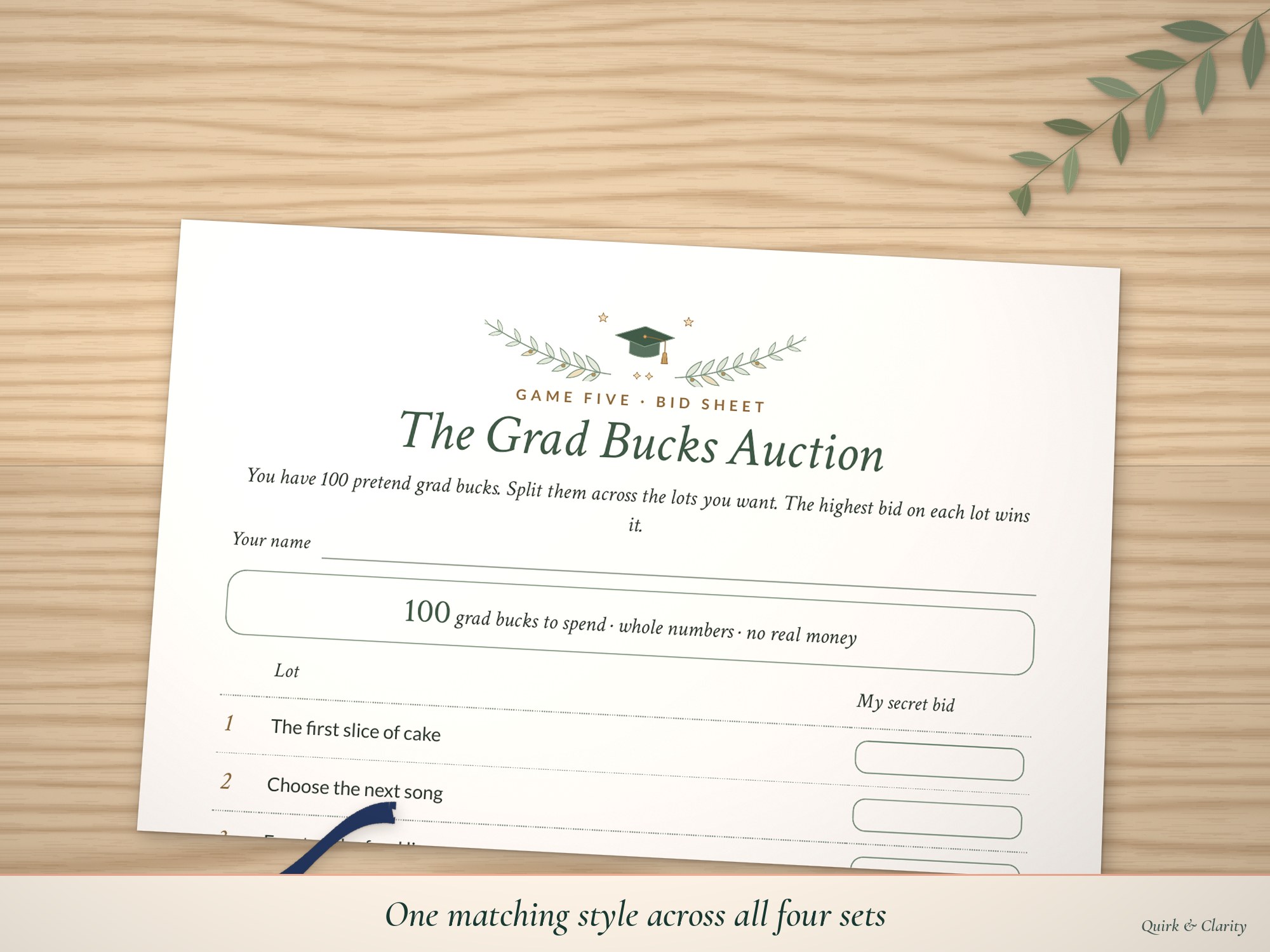 Close-up of the Grad Bucks Auction bid sheet