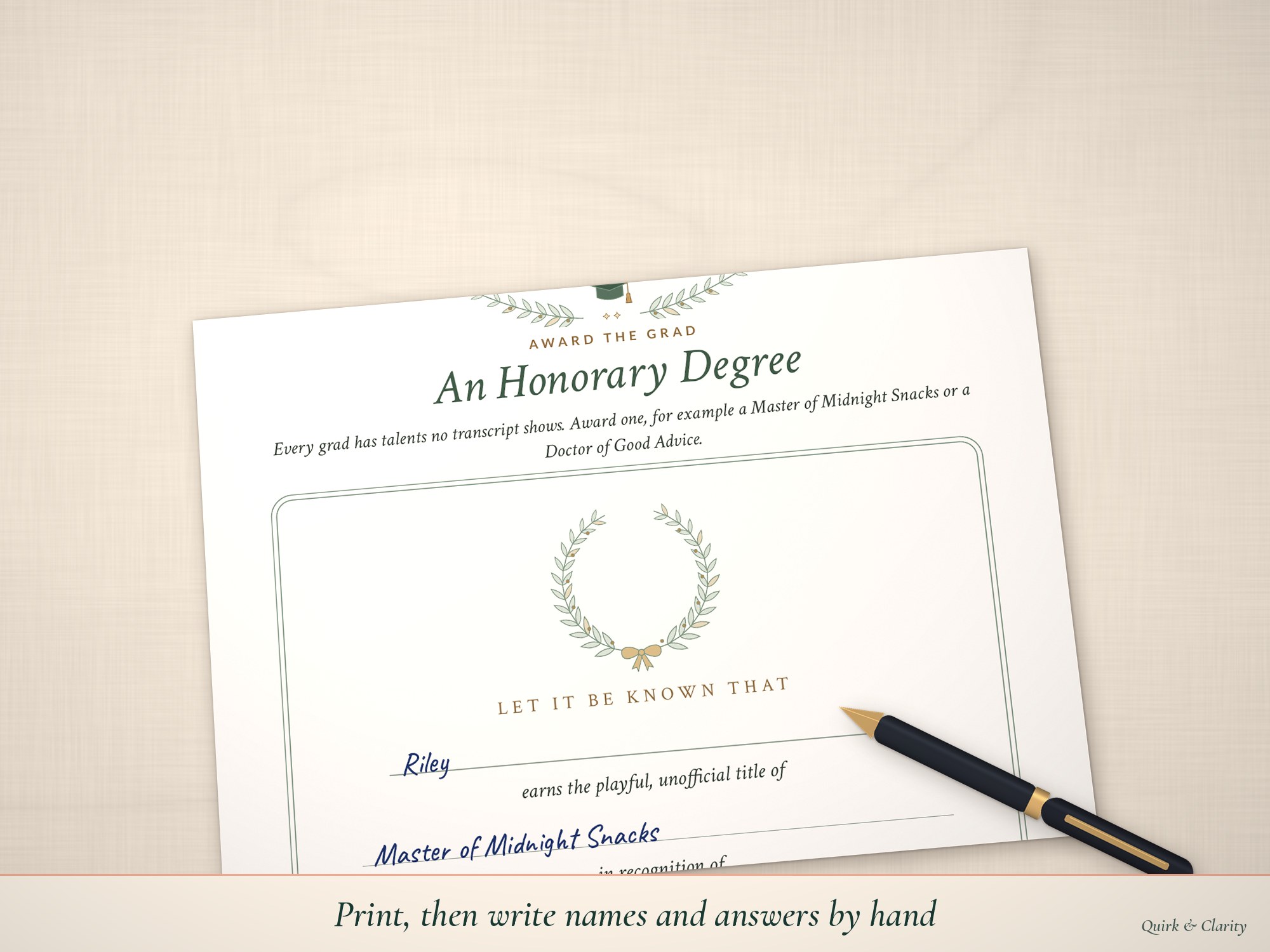 Honorary Degree keepsake partly filled in by hand
