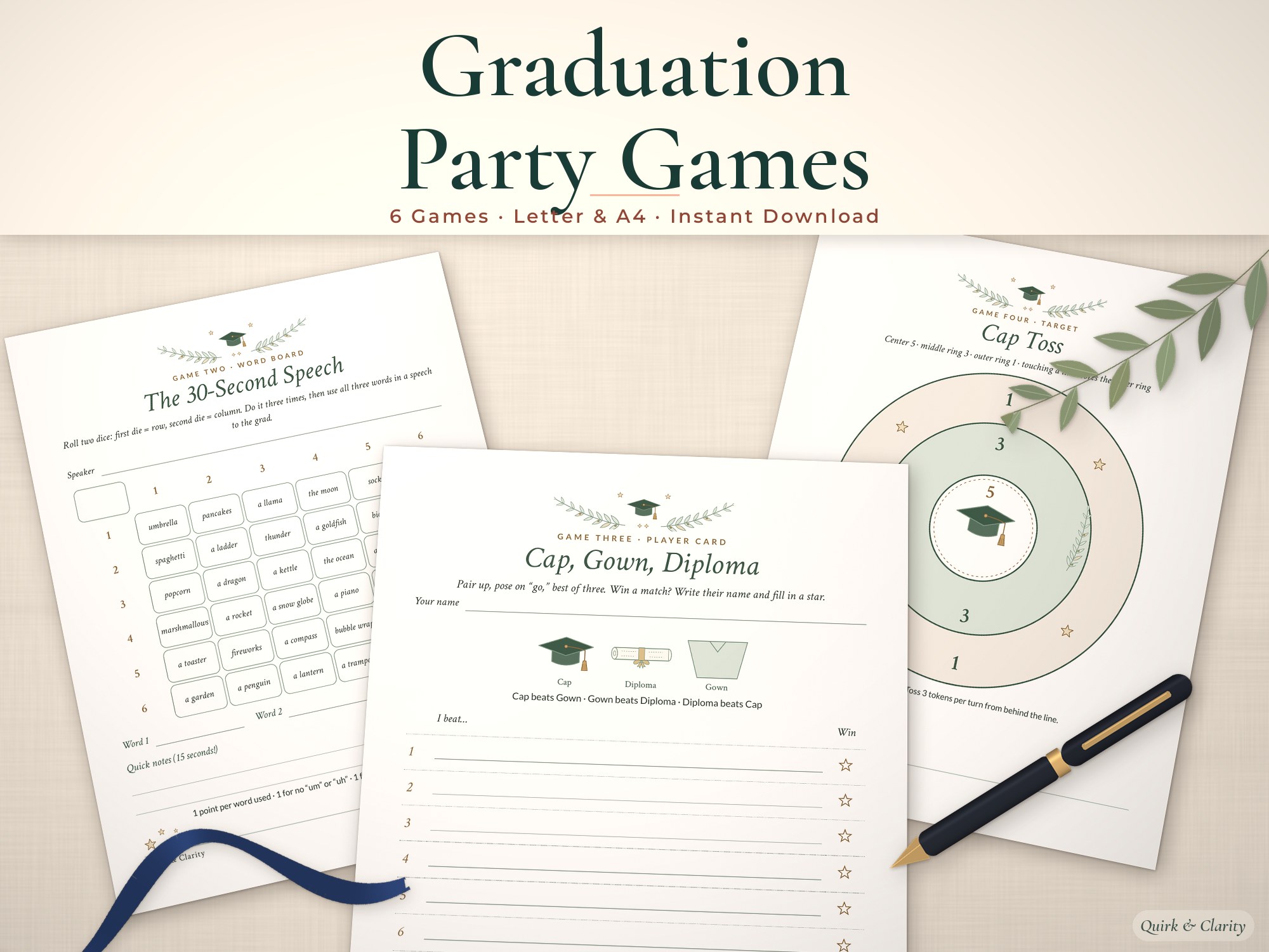 Graduation party games printable mockup: The 30-Second Speech, Cap, Gown, Diploma, Cap Toss pages fanned on a styled tabletop