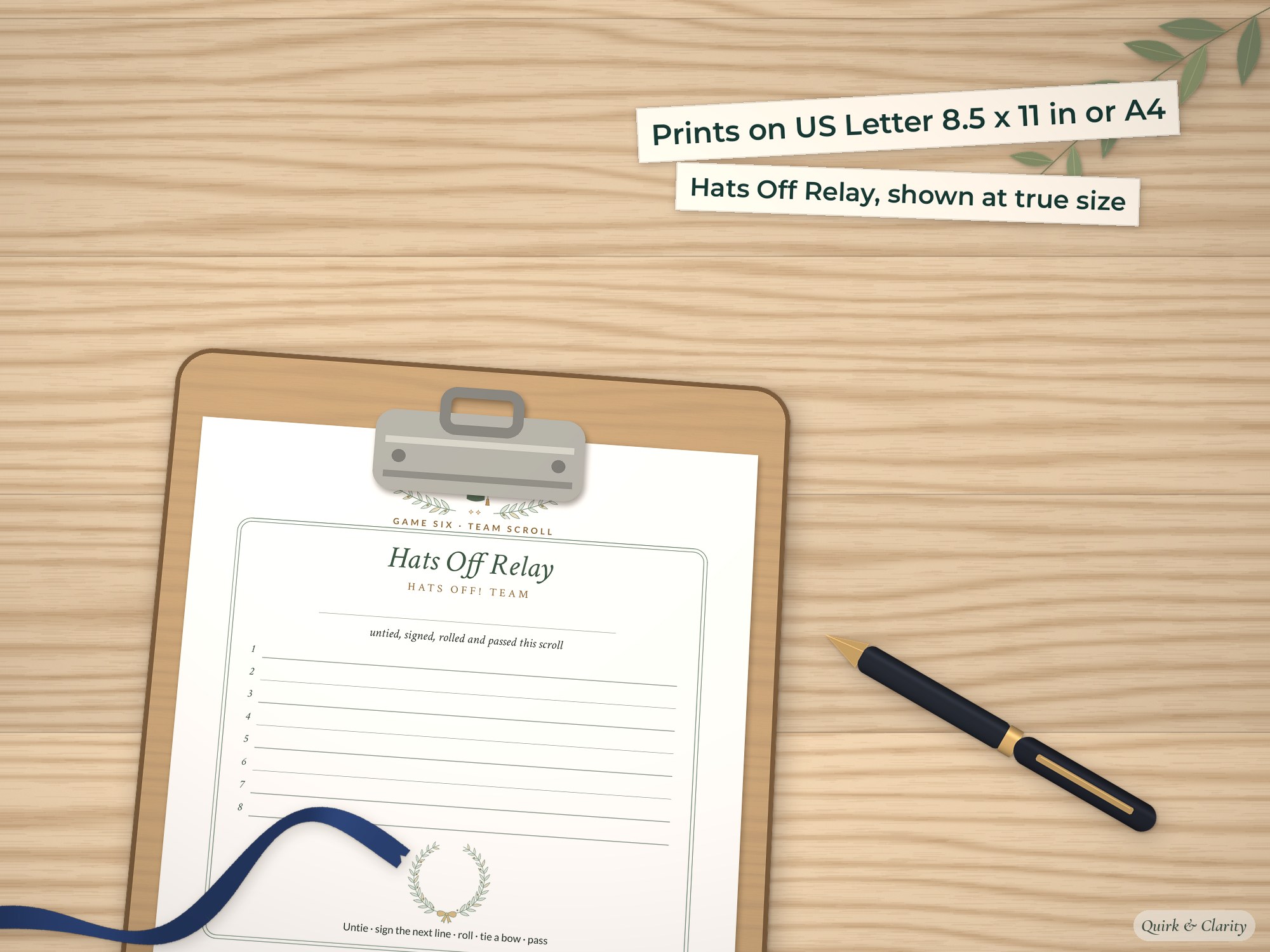 Hats Off Relay page on a clipboard at true size