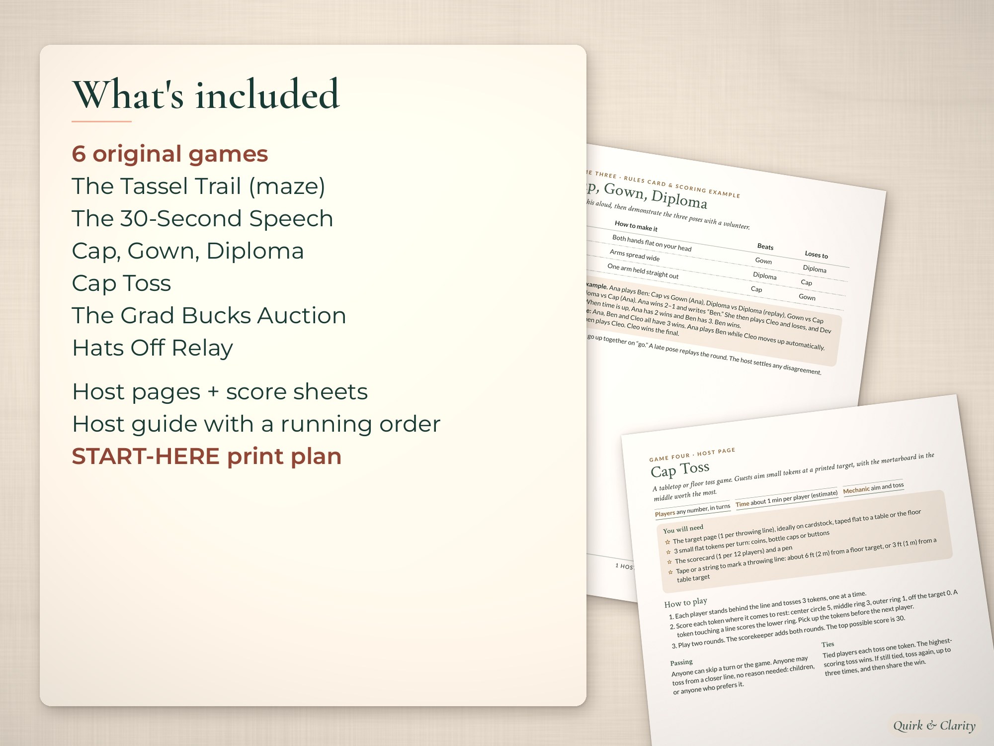 List of 6 graduation party games beside angled game pages