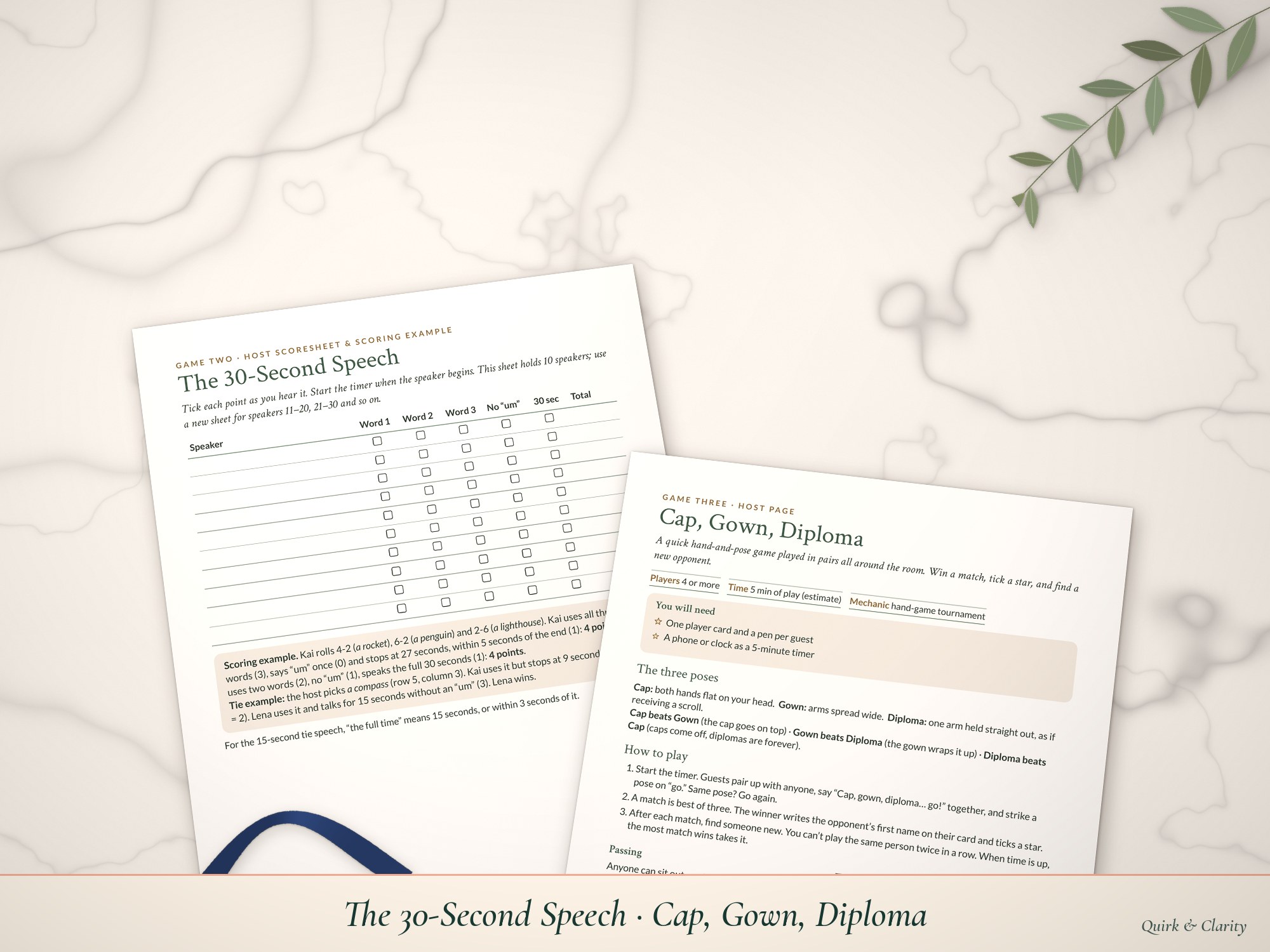 The 30-Second Speech and Cap, Gown, Diploma pages