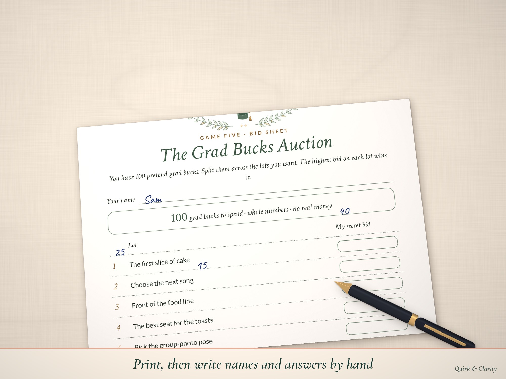 Grad Bucks Auction bid sheet partly filled in by hand