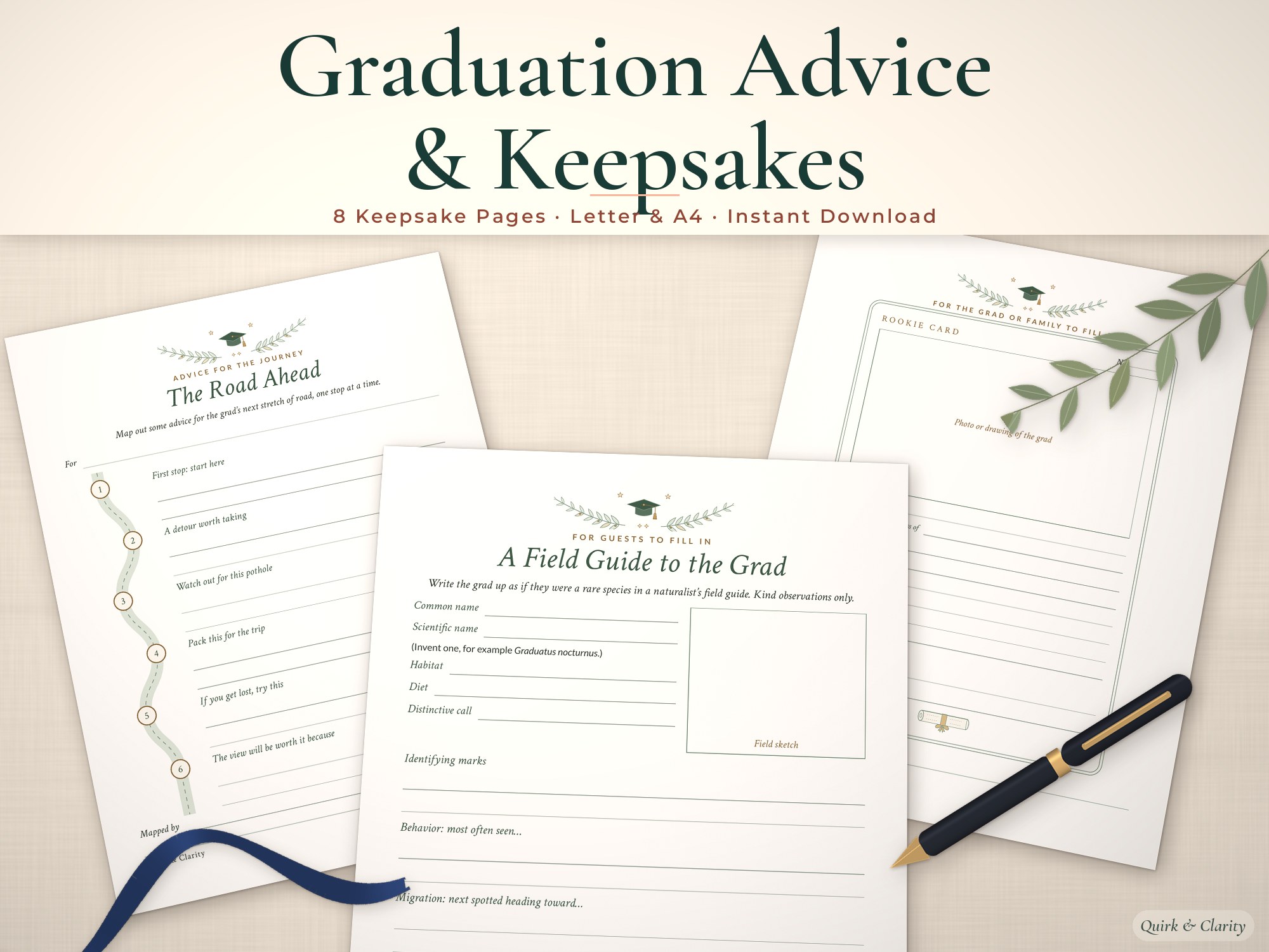 Graduation keepsake printables mockup: The Road Ahead, A Field Guide to the Grad, Photo or drawing of the grad pages fanned on a styled tabletop