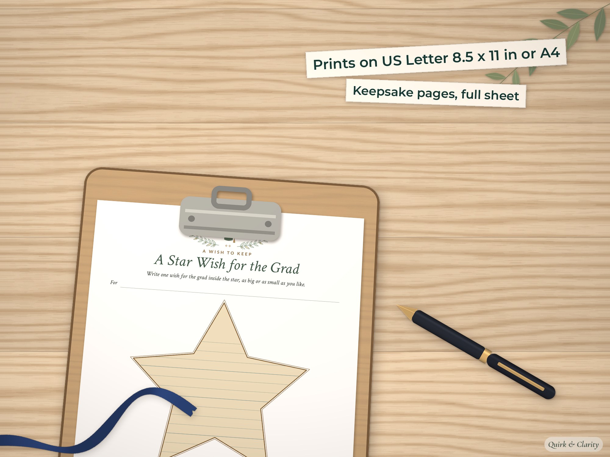 Star Wish keepsake page on a clipboard at true size